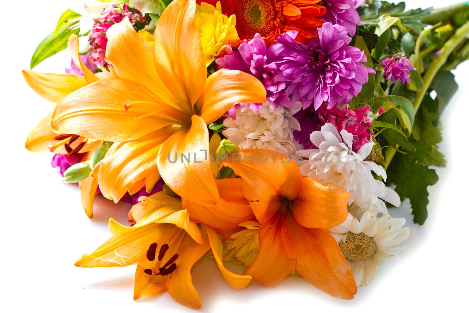 beautiful bouquet of bright flowers  isolated on white