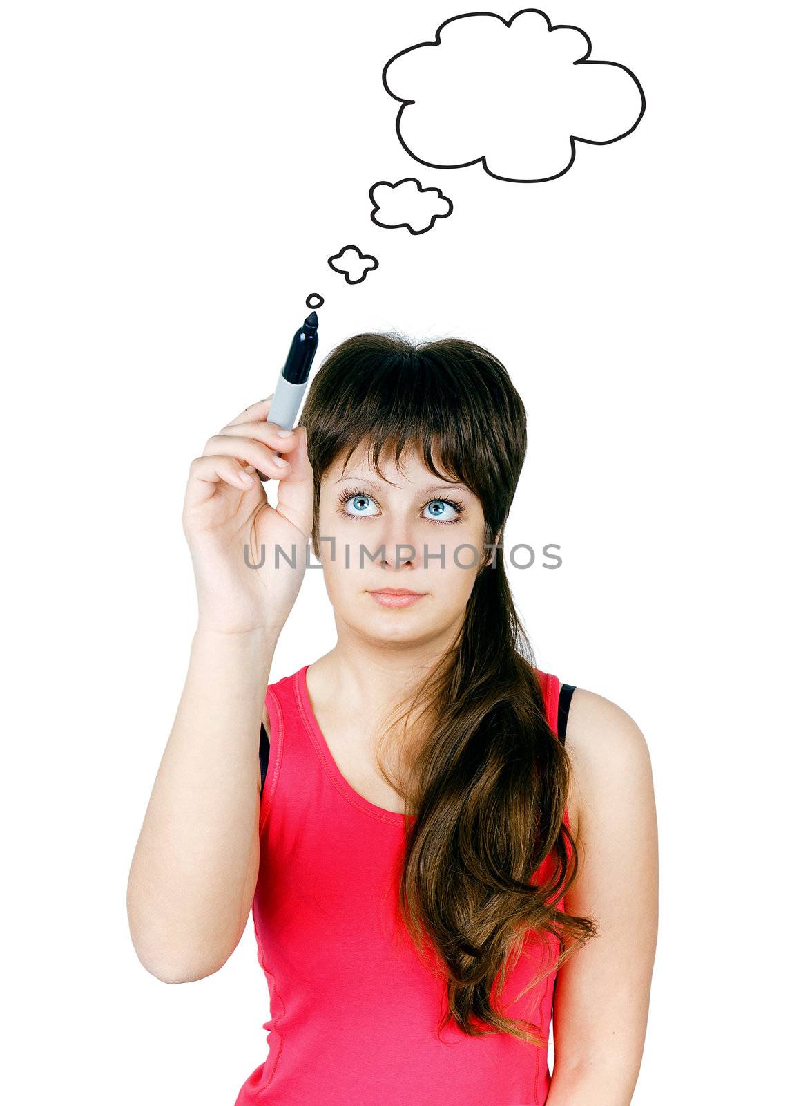 girl drawing on a white background cloud thinking