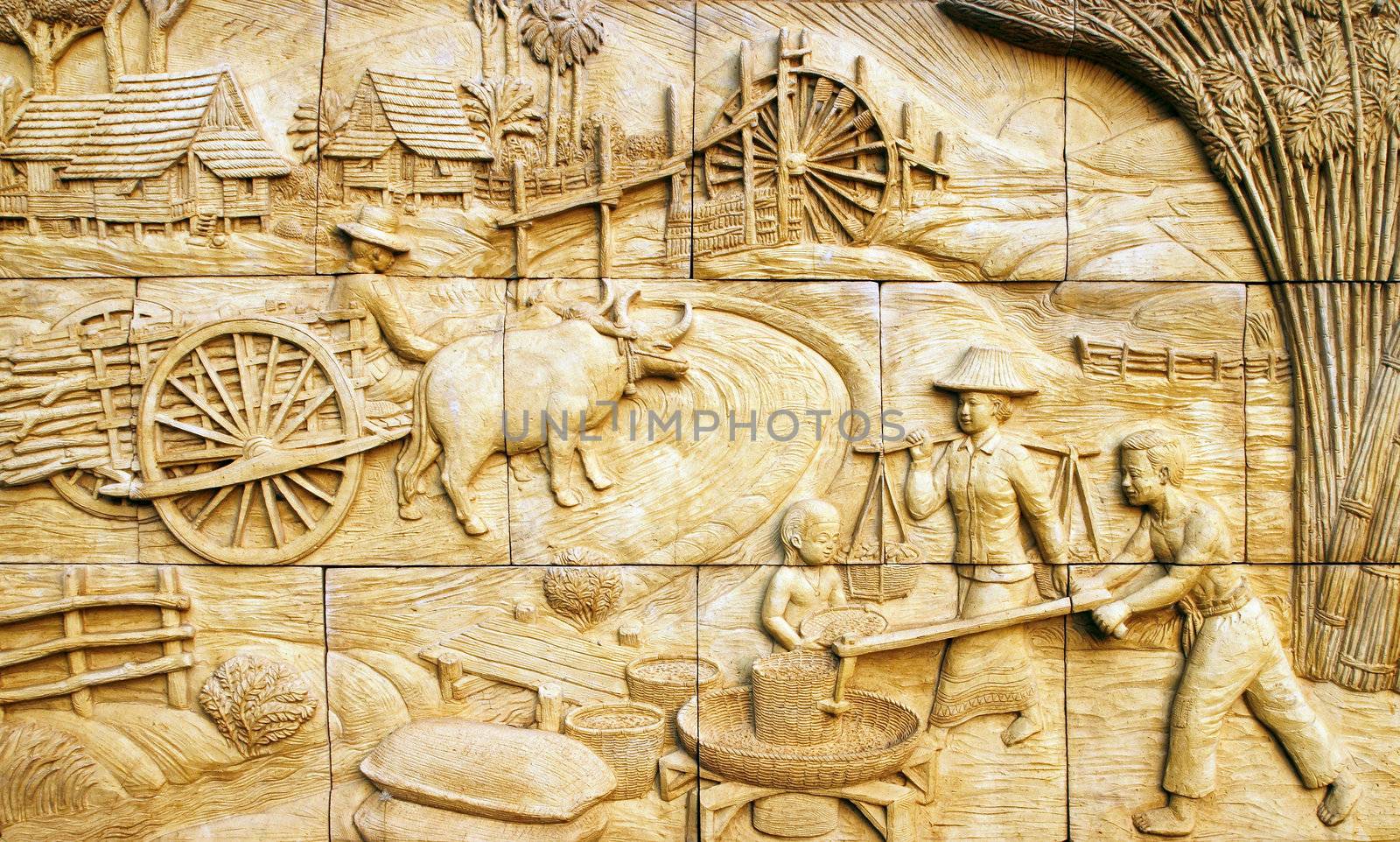 native culture Thai stucco on the stone wall, Thailand