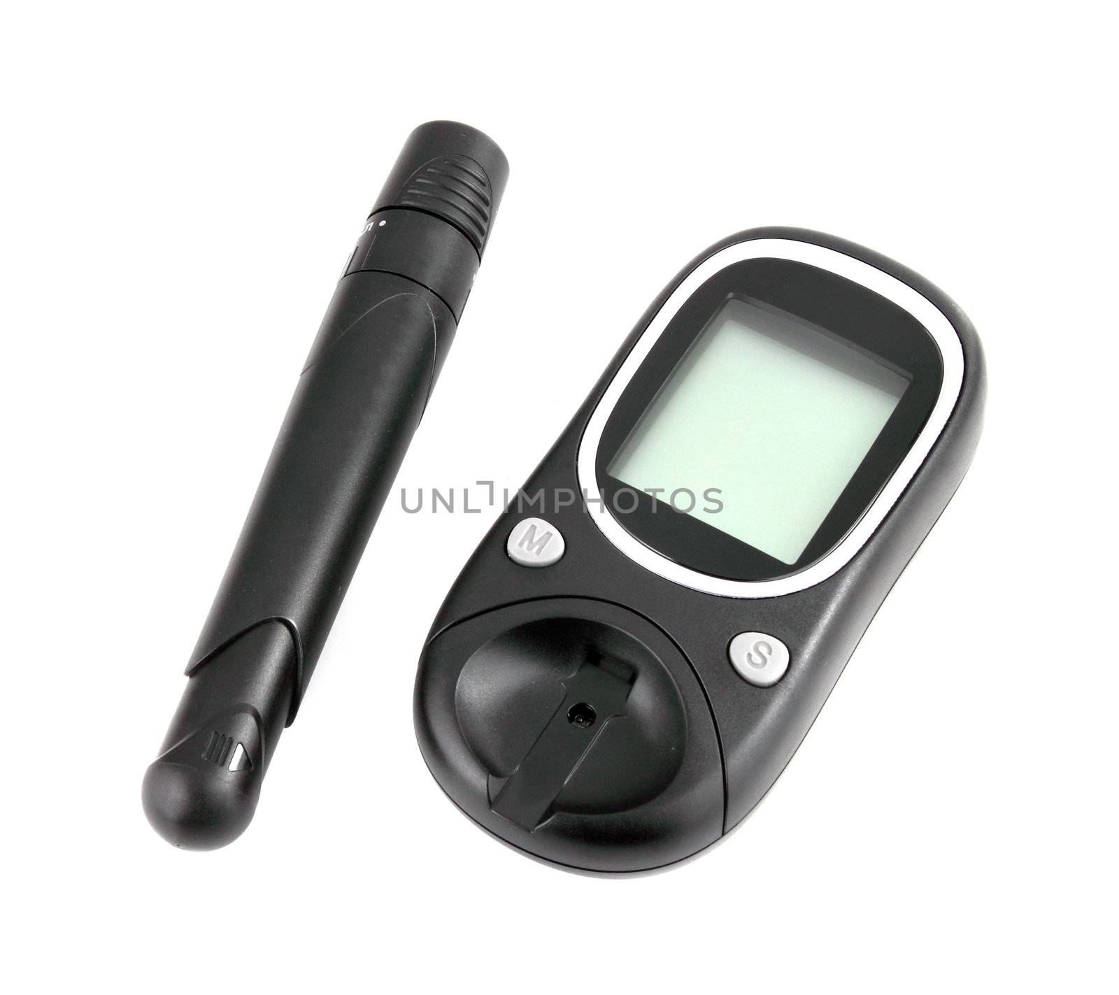 Glucometer for checking blood sugar levels isolated on a white b by geargodz