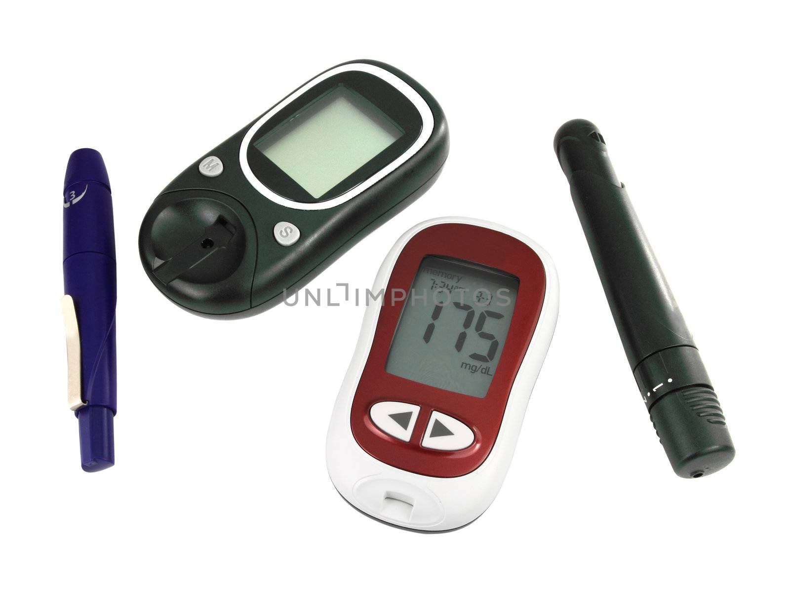 Glucometer for checking blood sugar levels isolated on a white background