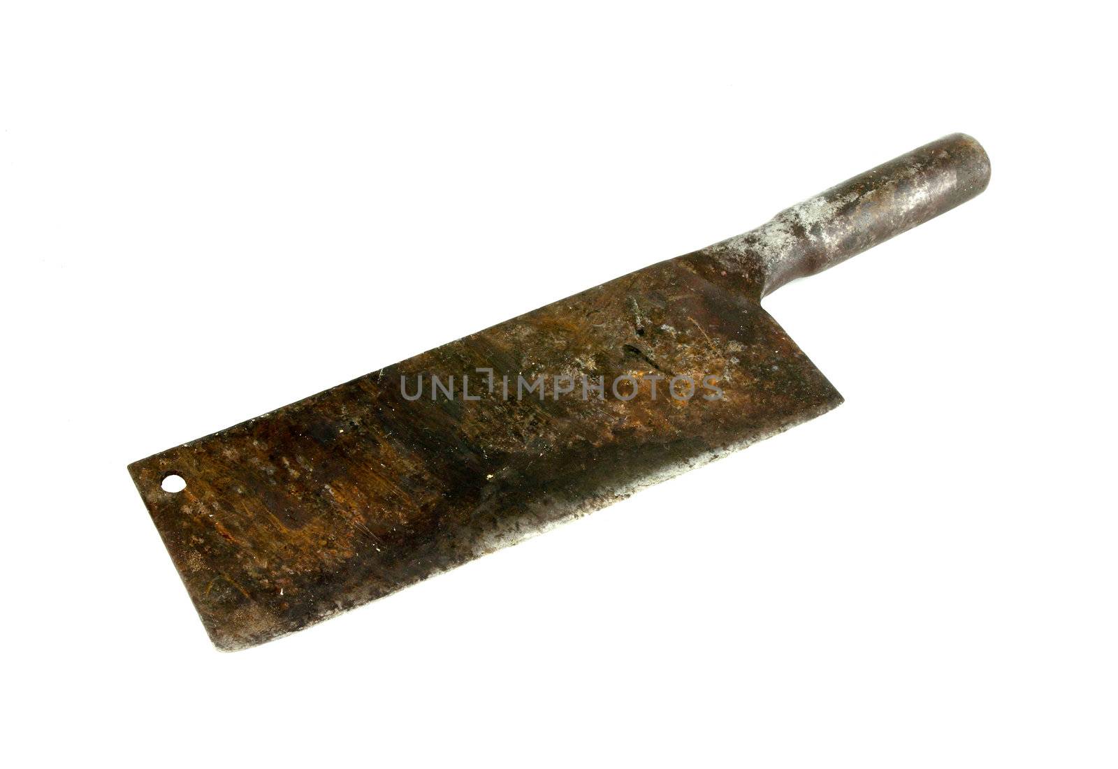 Old rusty meat cleaver on white background