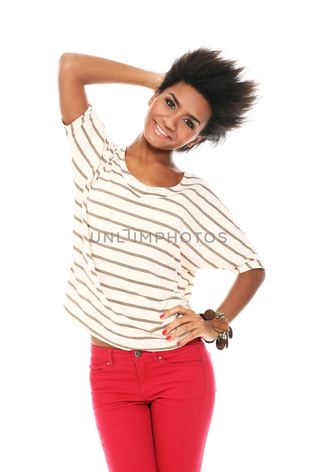 Young smiling black woman in studio isolated on a white