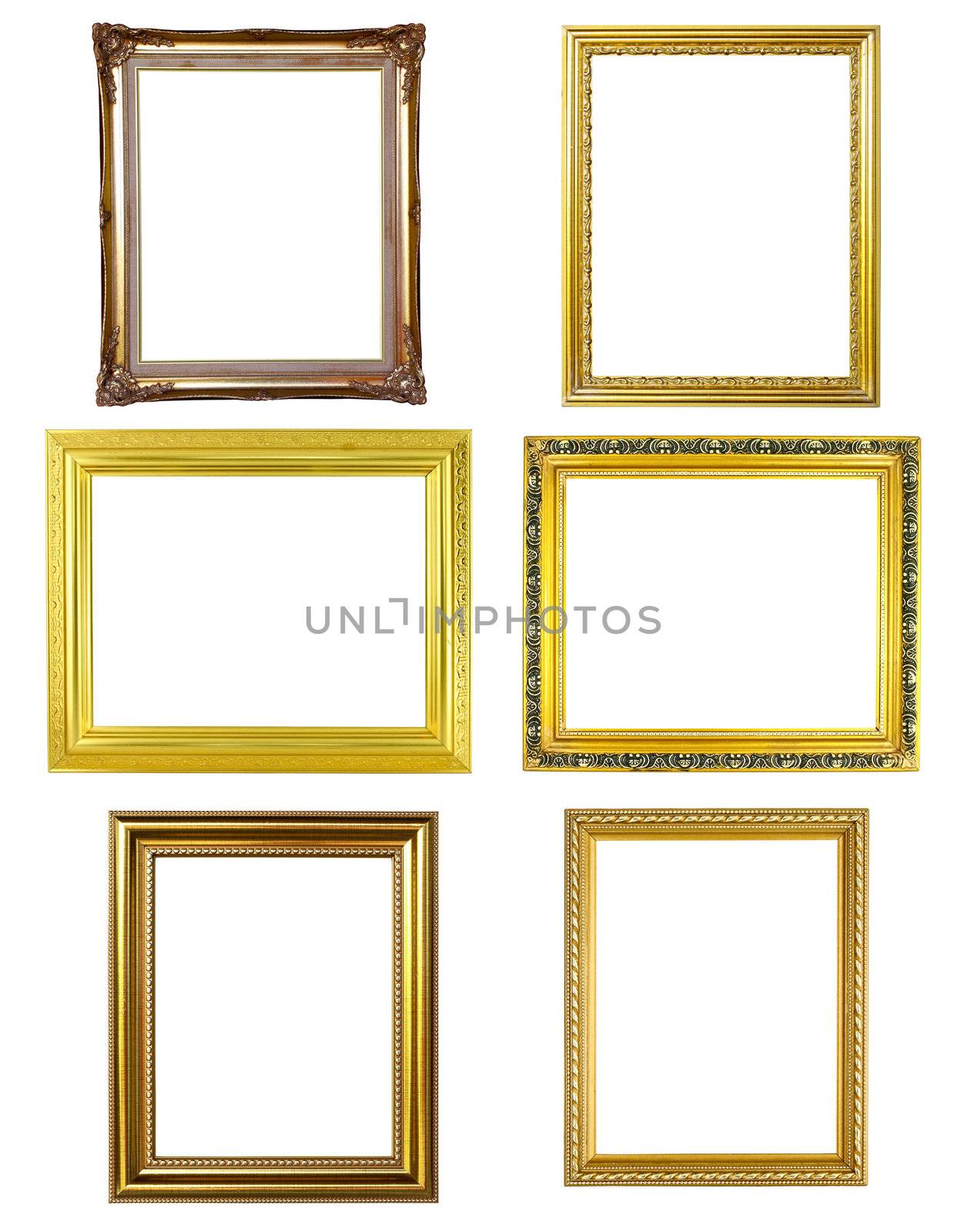 6 golden frame picture on white background