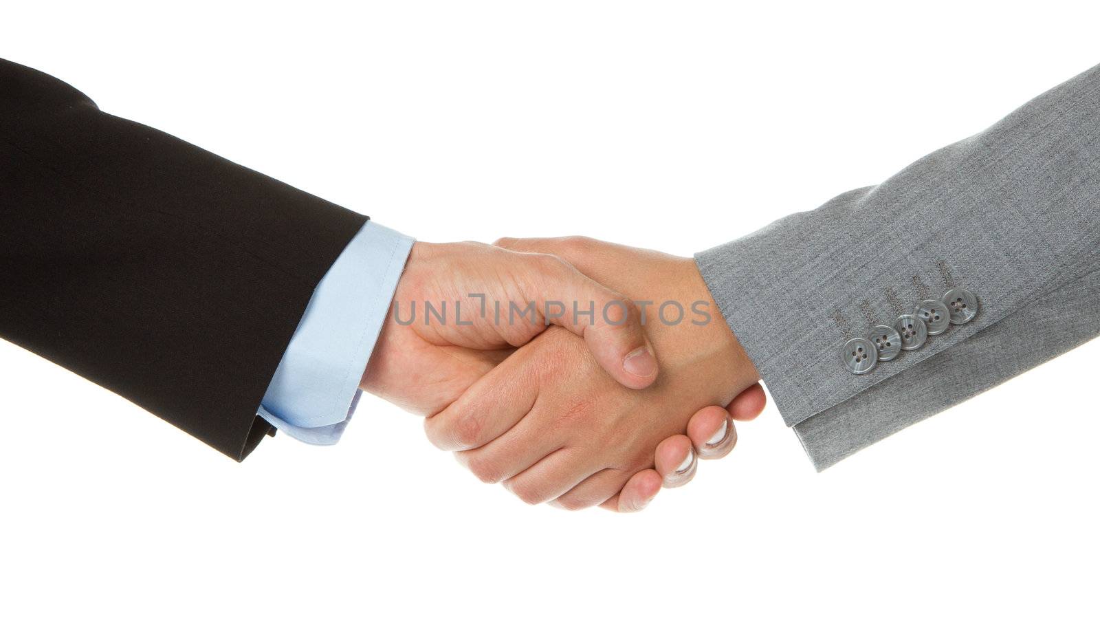 Businessman and businesswoman shaking hands by michaklootwijk