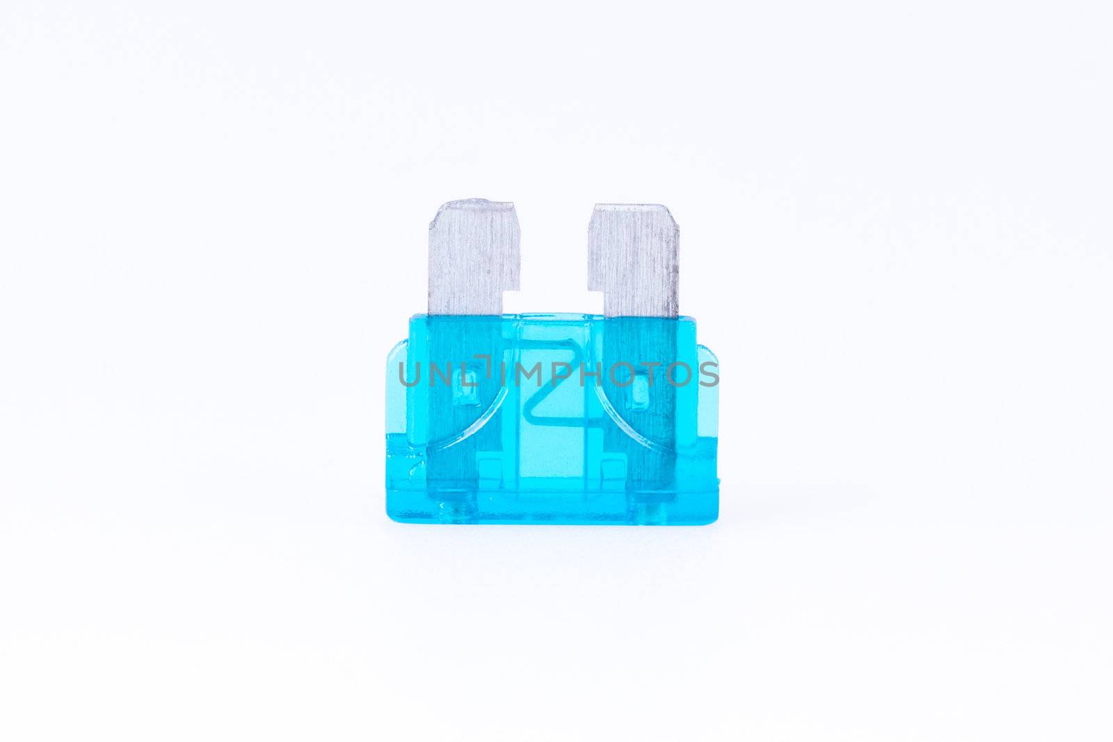 A blue car fuse with a white background