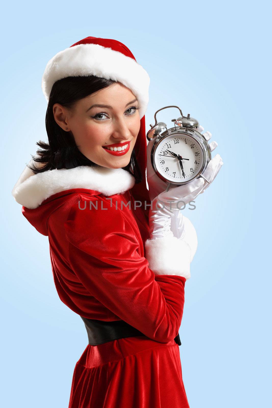 excited girl with santa hat holding clock. illustration