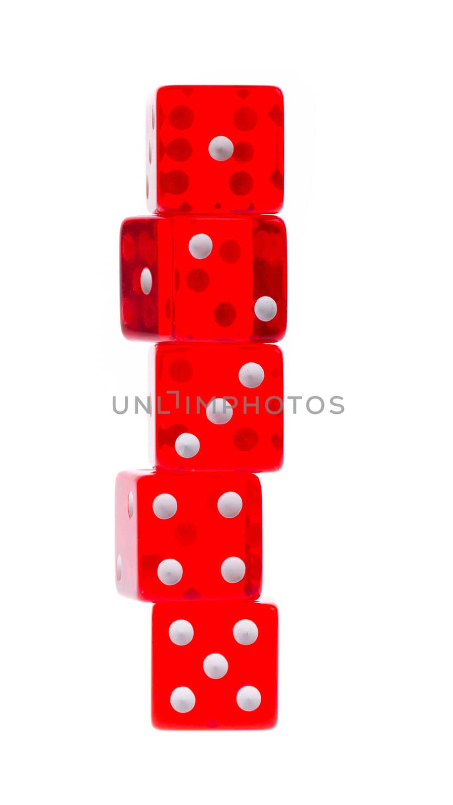 Five transparent  red dice on a white background