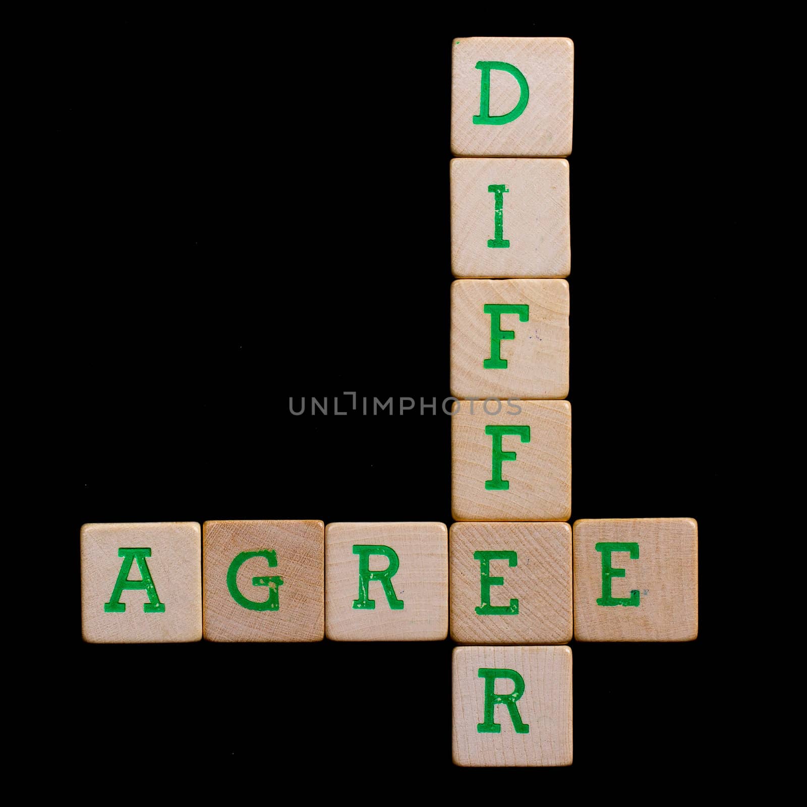 Letters on old wooden blocks (agree, differ)