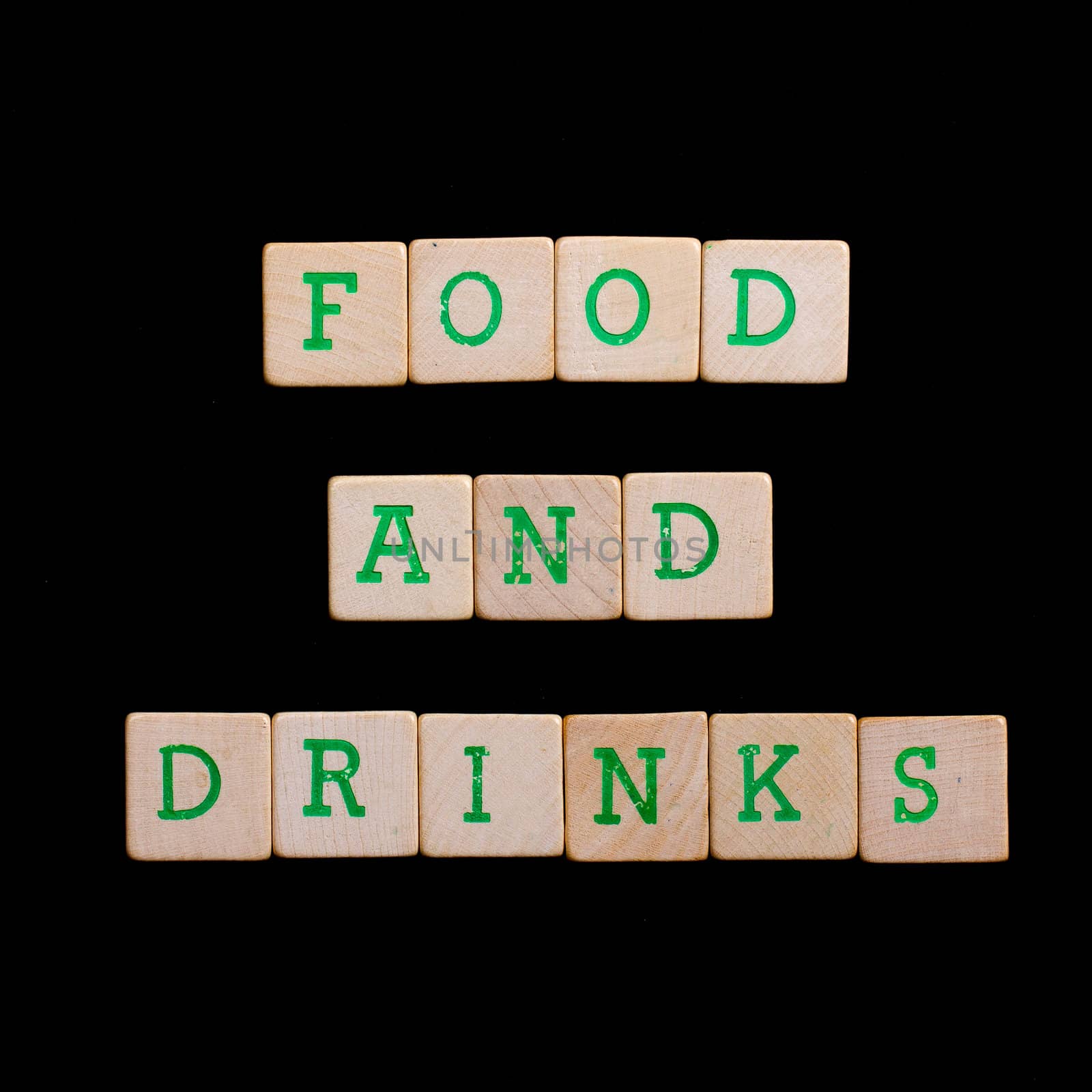 Letters on old wooden blocks (food and drinks)