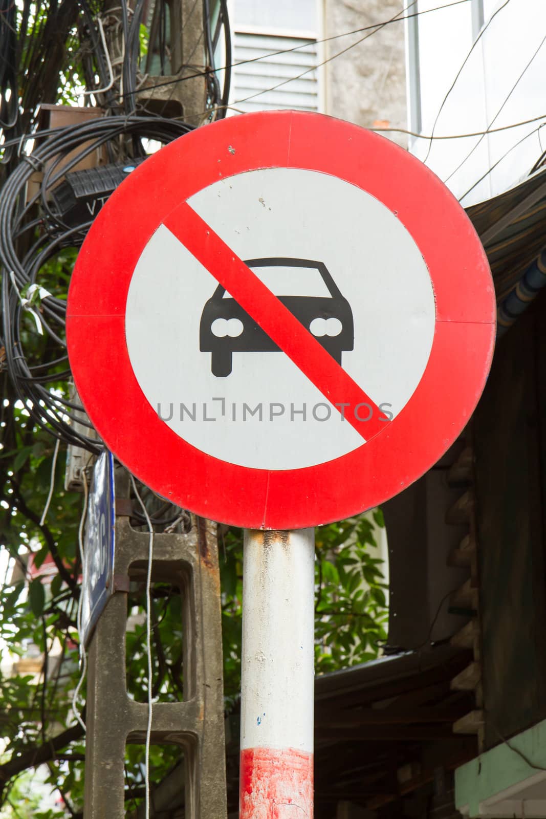 No cars allowed sign in the center of Hanoi, Vietnam