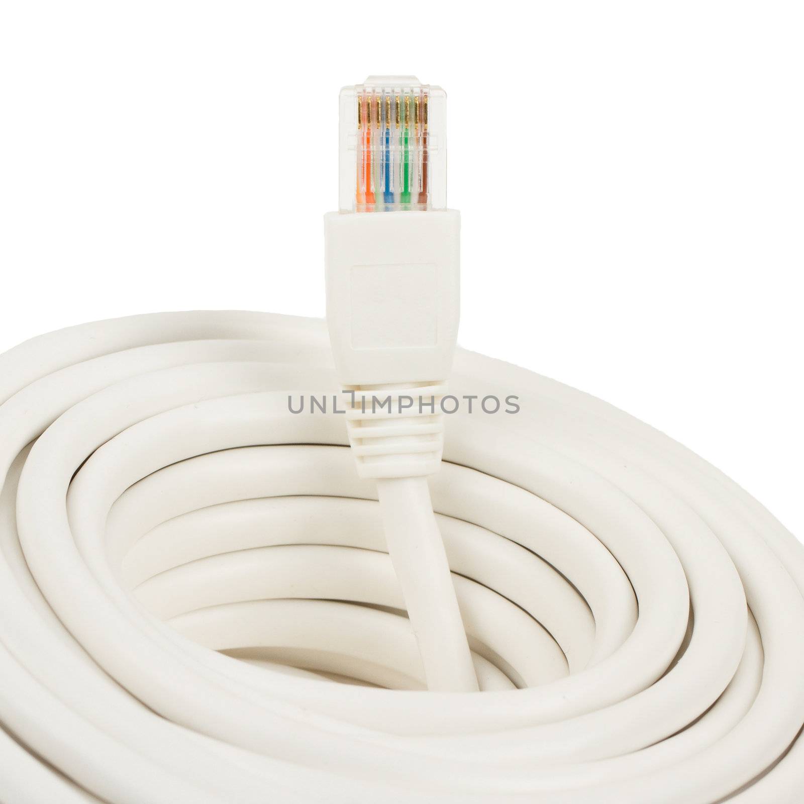 Close-up of a white RJ45 network plug by michaklootwijk