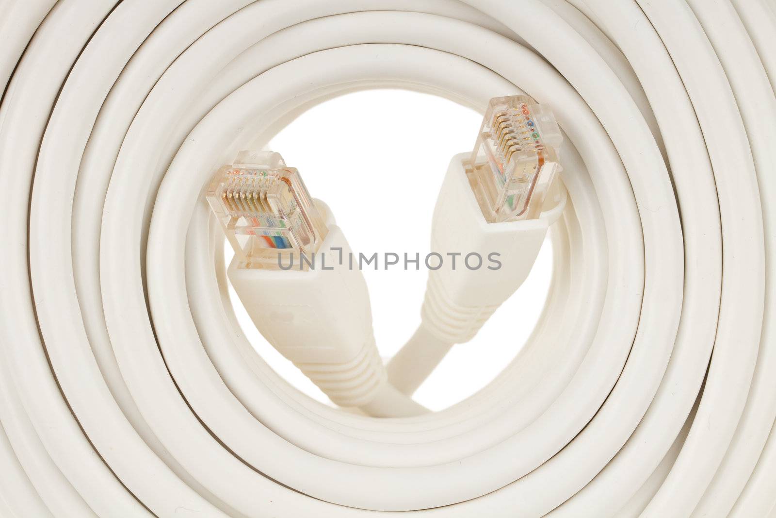 Close-up of a white RJ45 network plug on white background