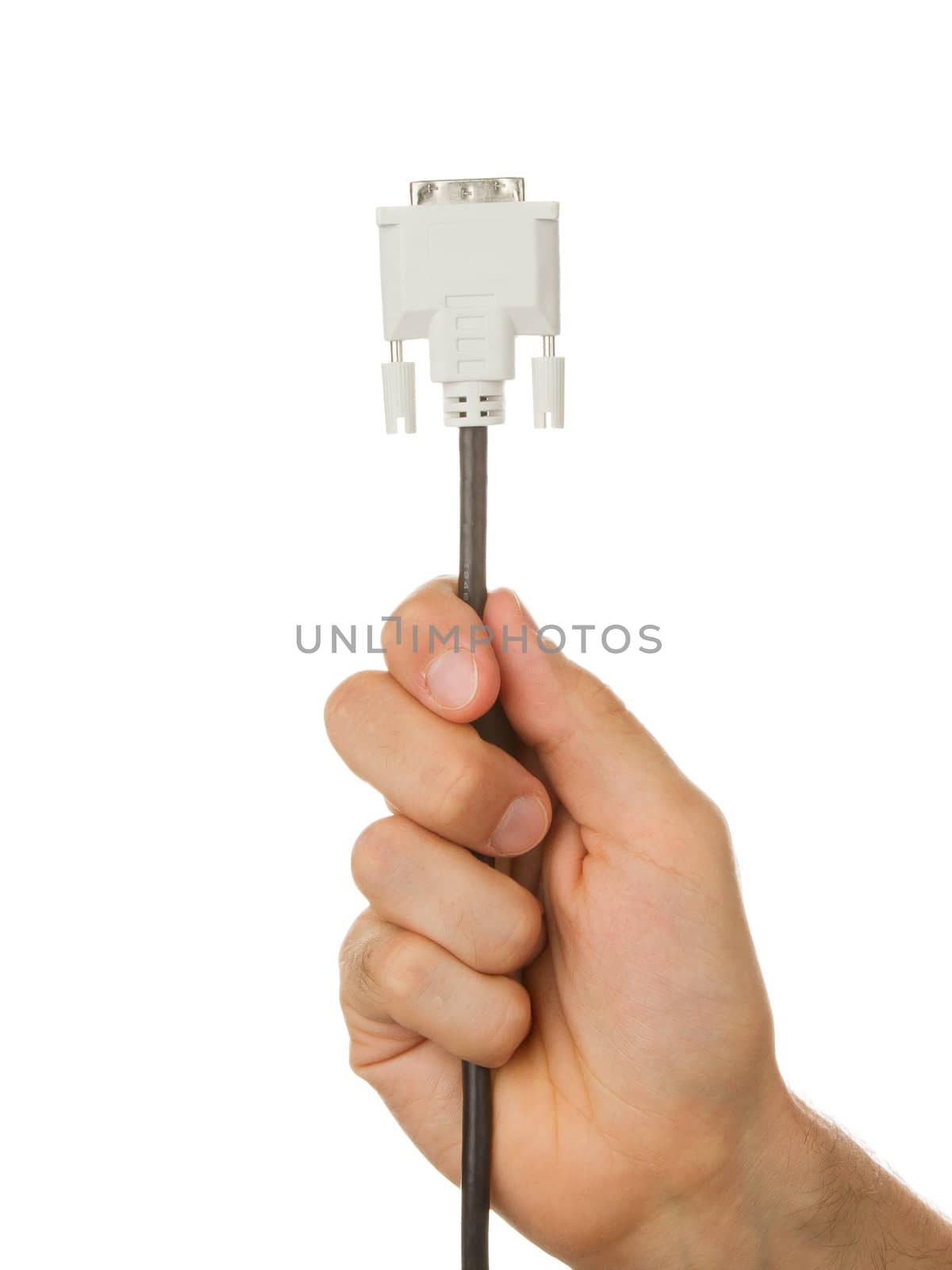 Hand holding a cable used for computers, isolated onwhite