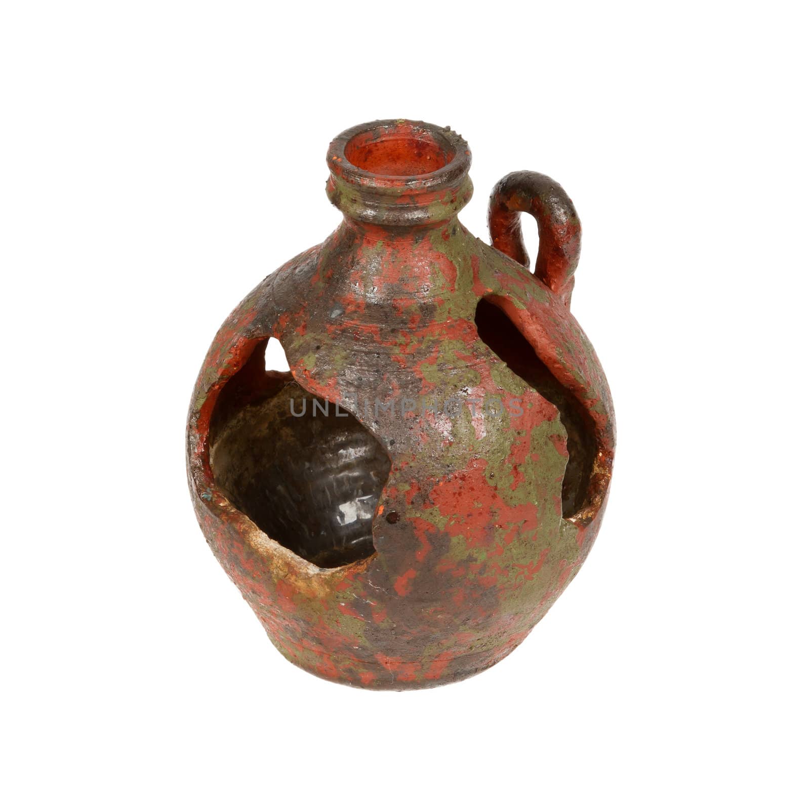 Old red vase from clay, the handwork, isolated on a white background