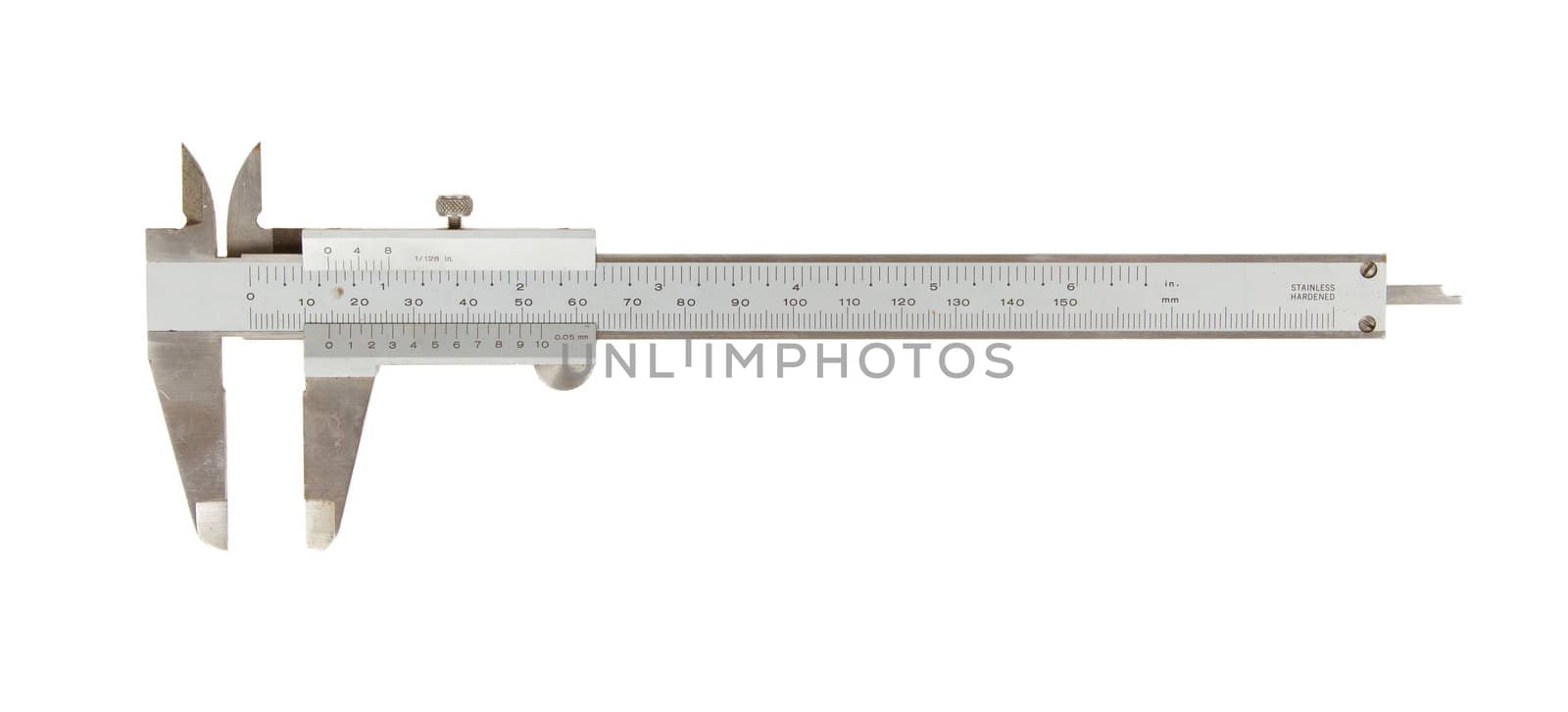 Old used caliper (an instrument for measuring) isolated on white