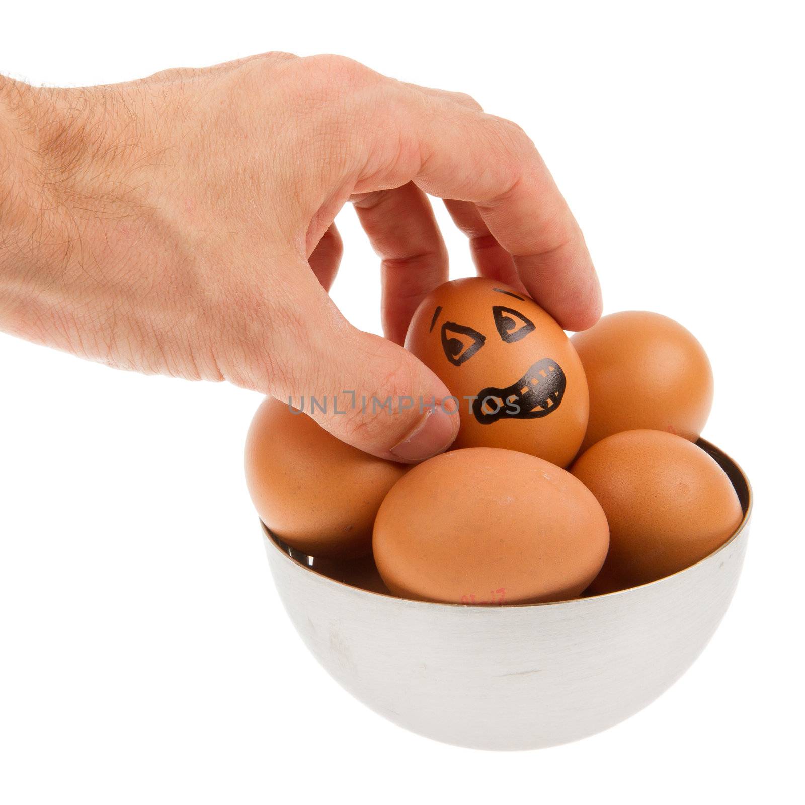 Scared egg, waiting to be grabbed by a hand, isolated