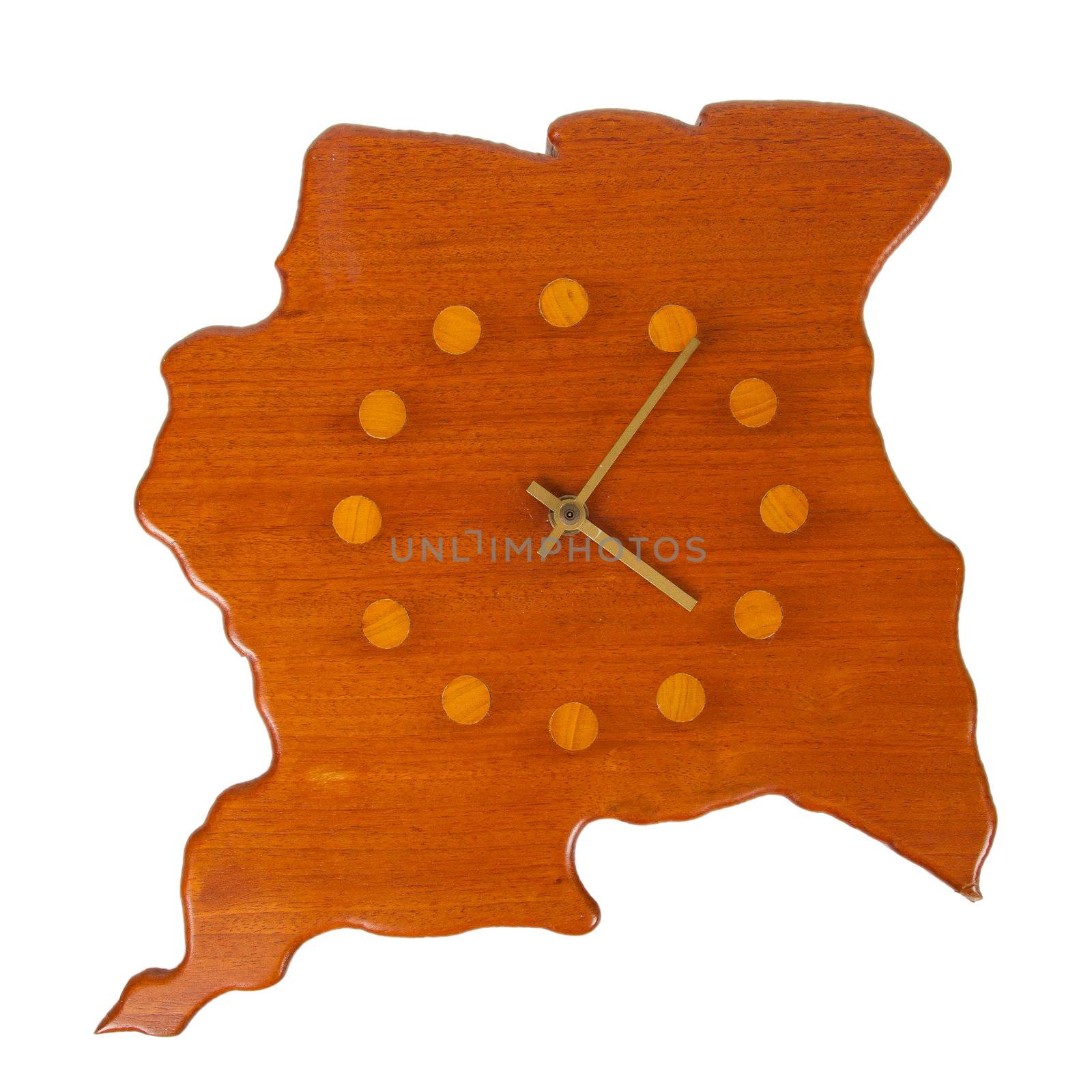 Wooden clock in the shape of the country Surinam, isolated on white