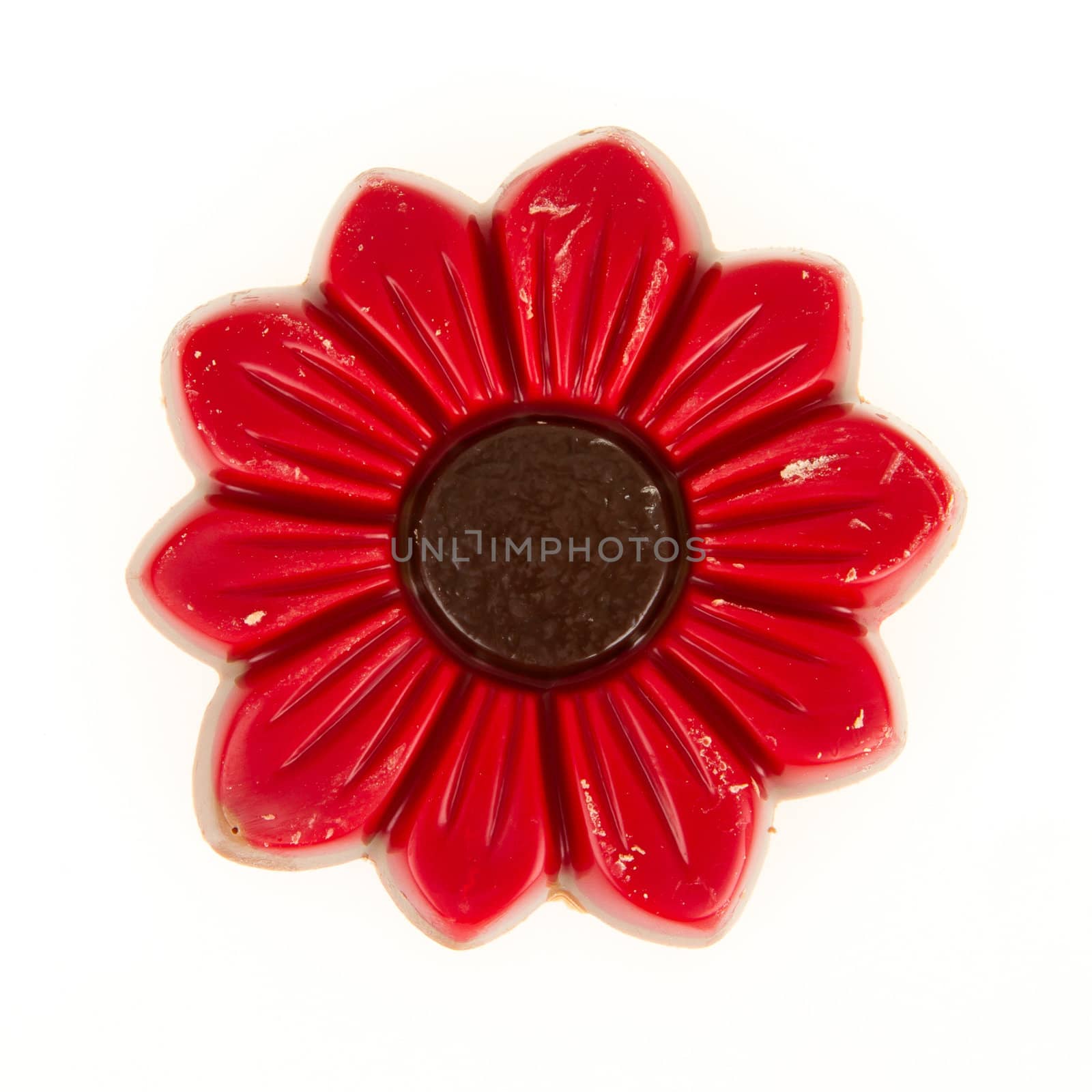 Damaged red chocolate flower, isolated on a white background