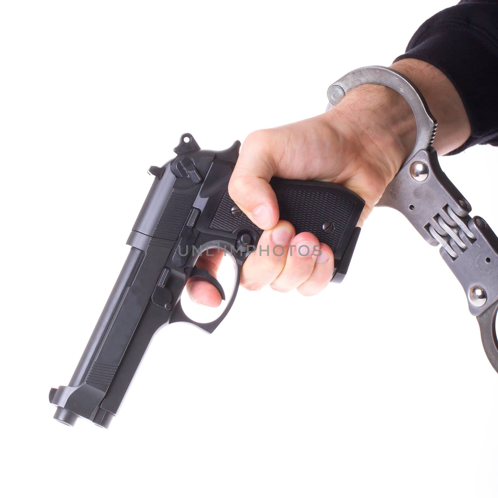 Pistol in hand, isolated on white background