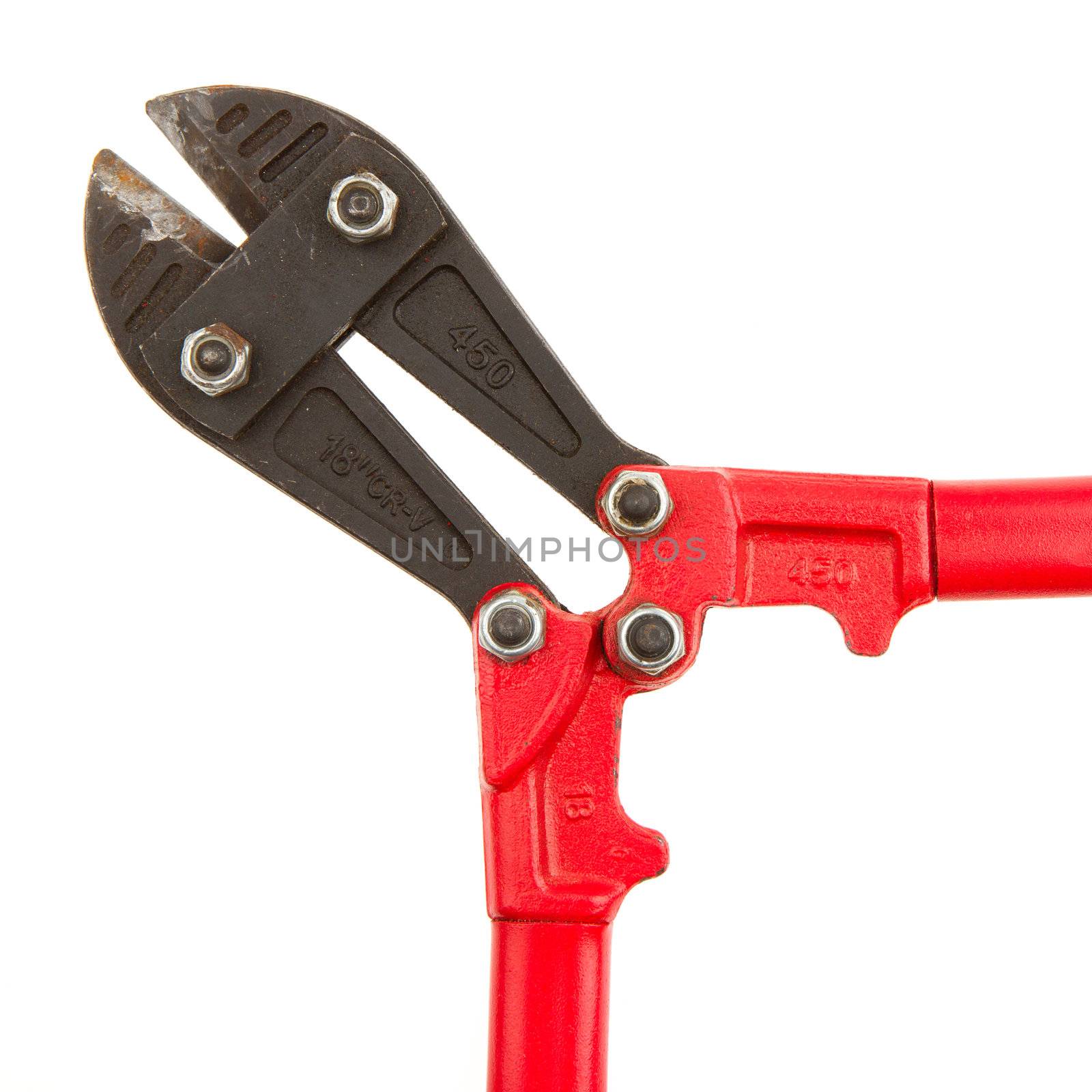 Close-up of an old pair of boltcutters on a white background