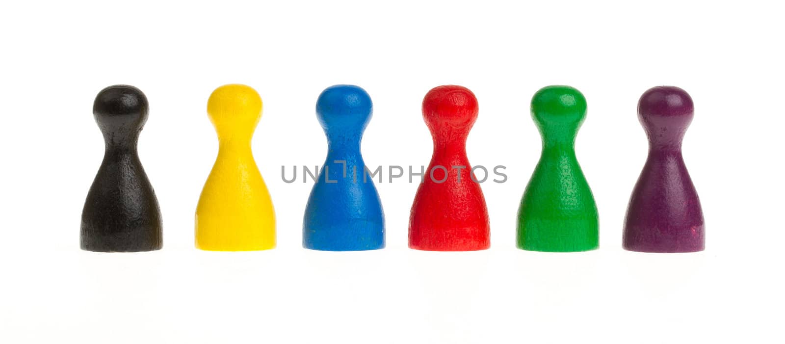 Six colored pawns isolated on a white background