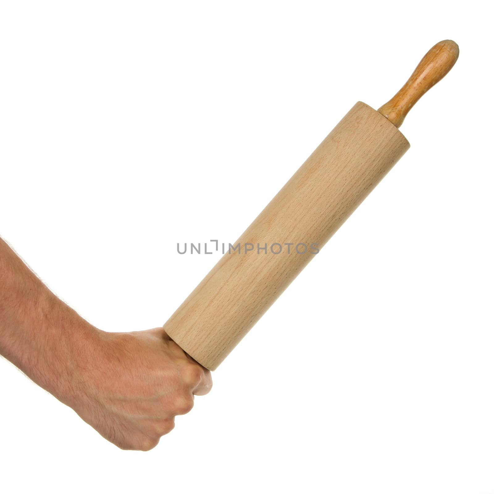 Hand with rolling-pin, isolated on a white background