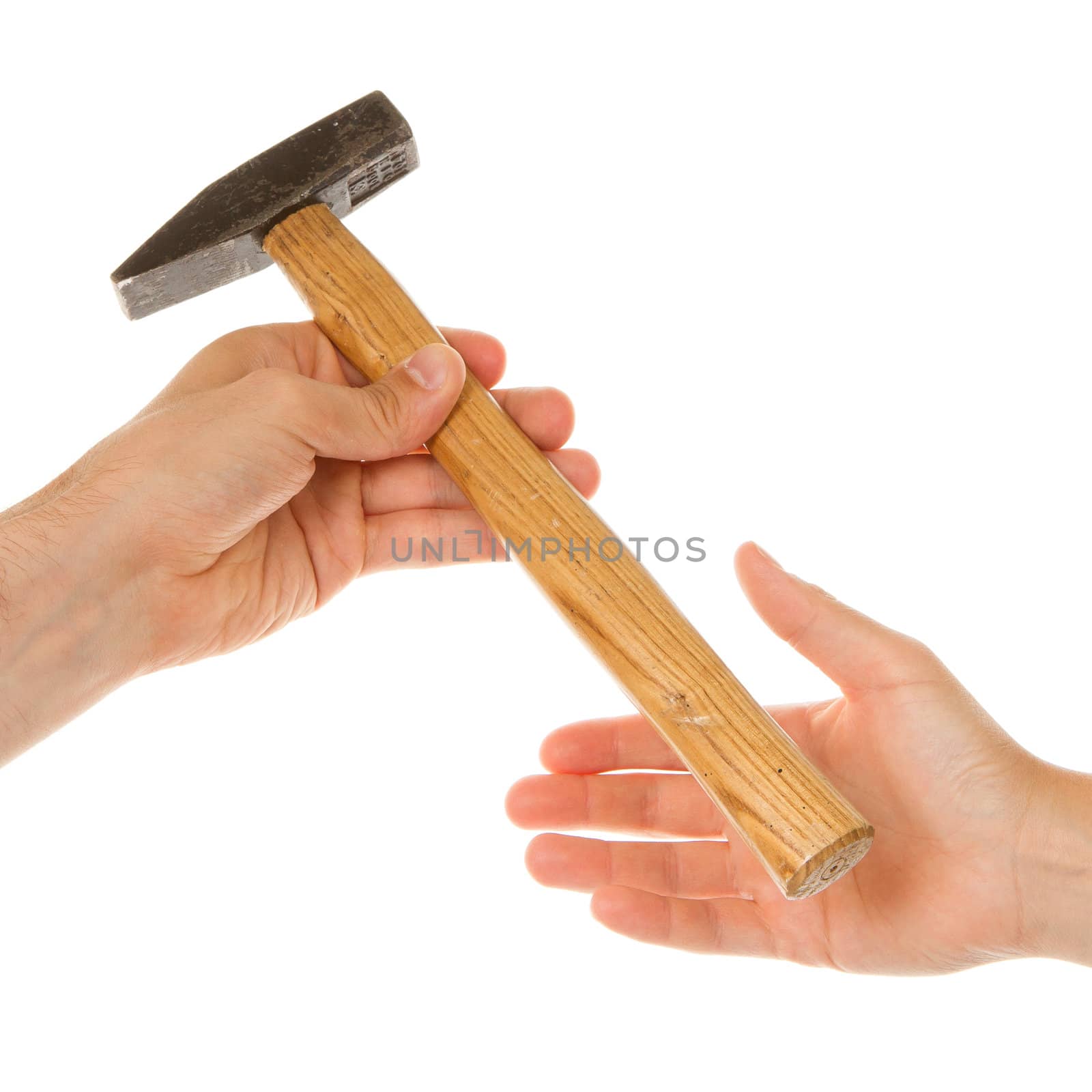 Man giving a woman an used hammer