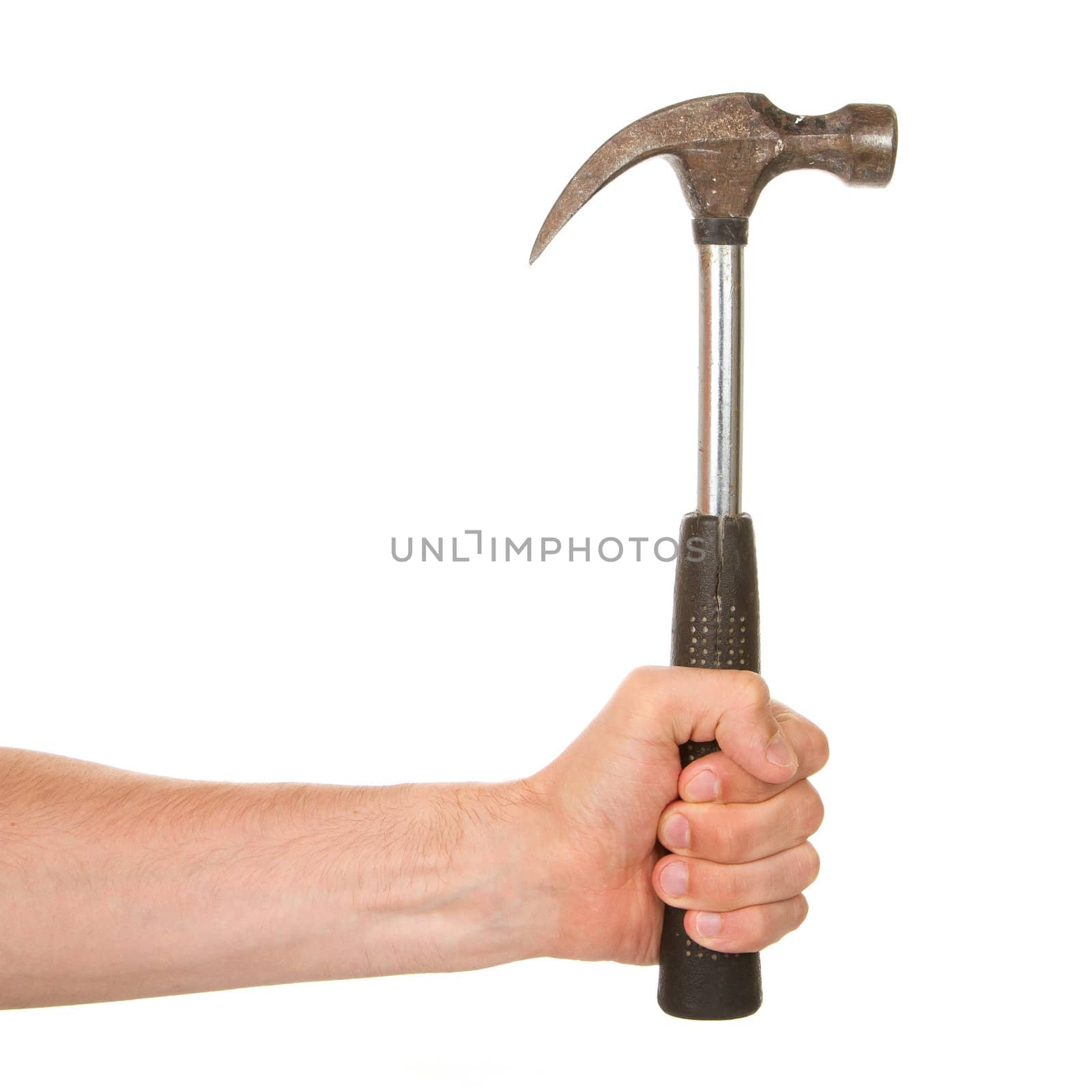 Man holding a old metal hammer, isolated on a white background