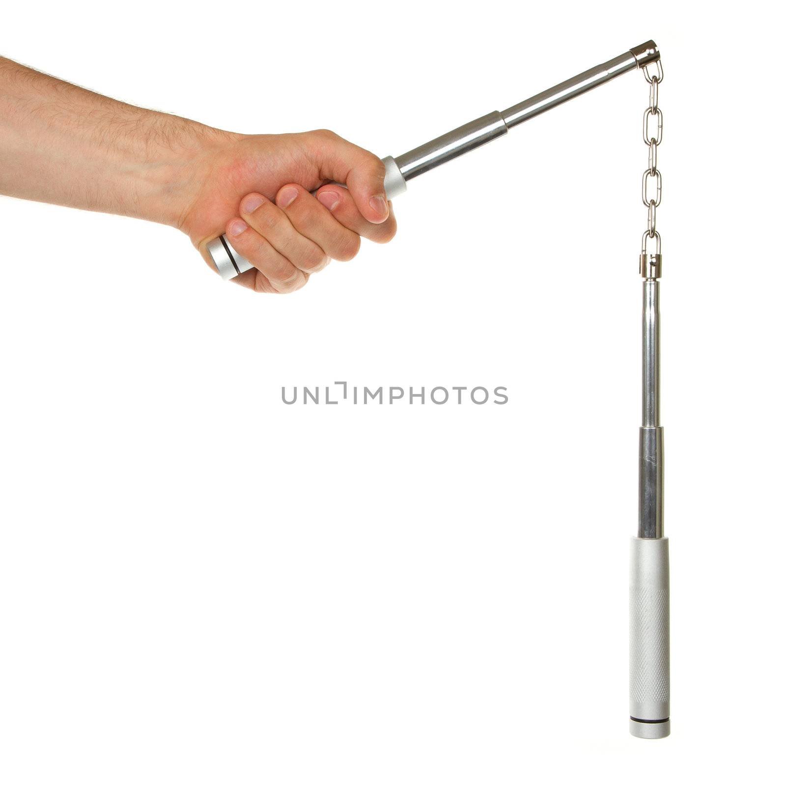 Hand holding a metal nunchaku on white background