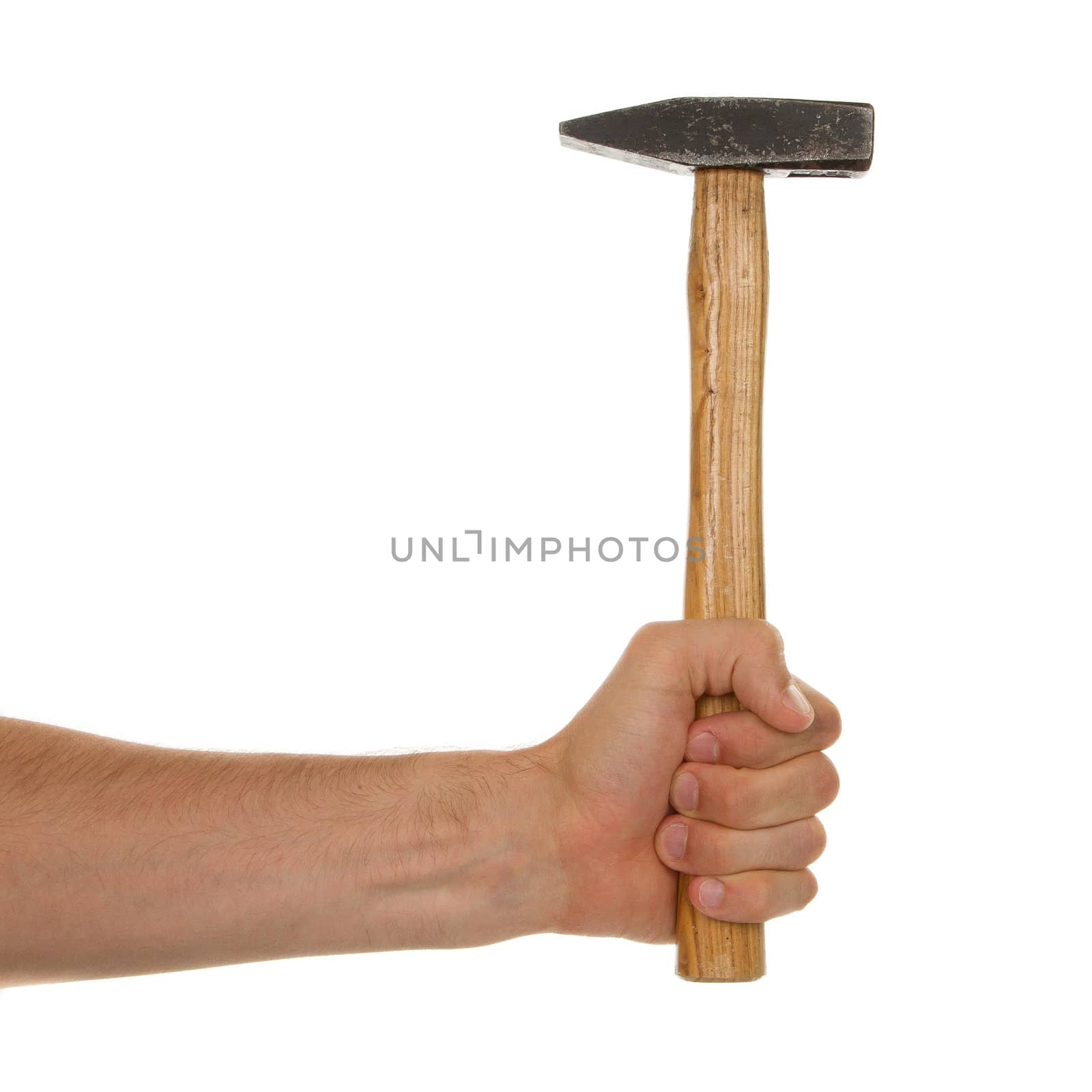 Man holding a old wooden hammer, isolated on a white background