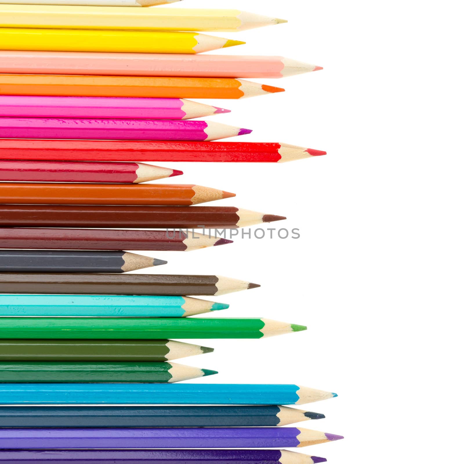 Many different color pencils isolated on white