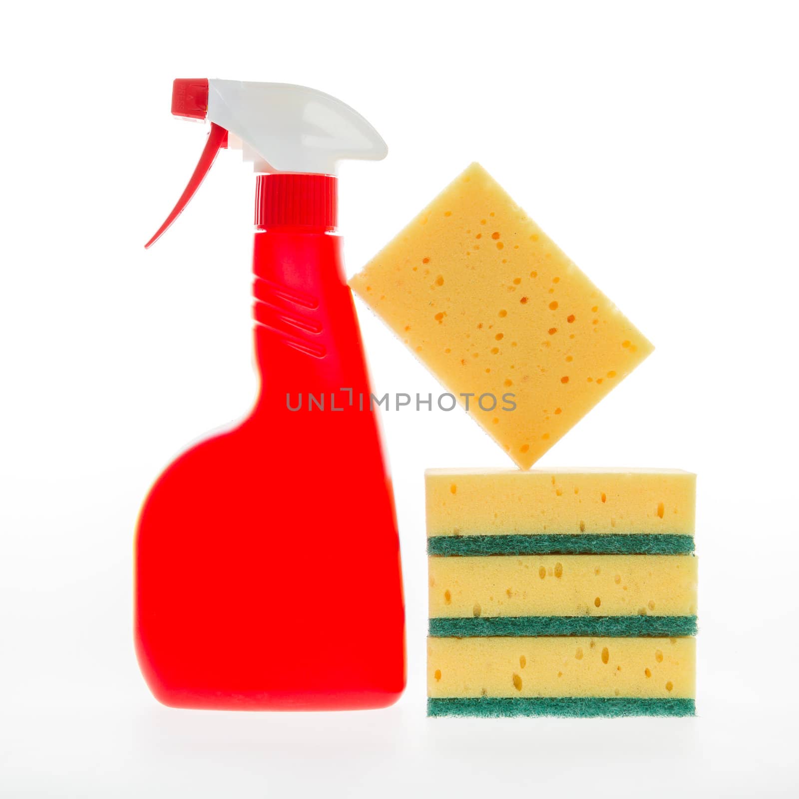 House cleaning product. Plastic bottles with detergent and sponge isolated on white background