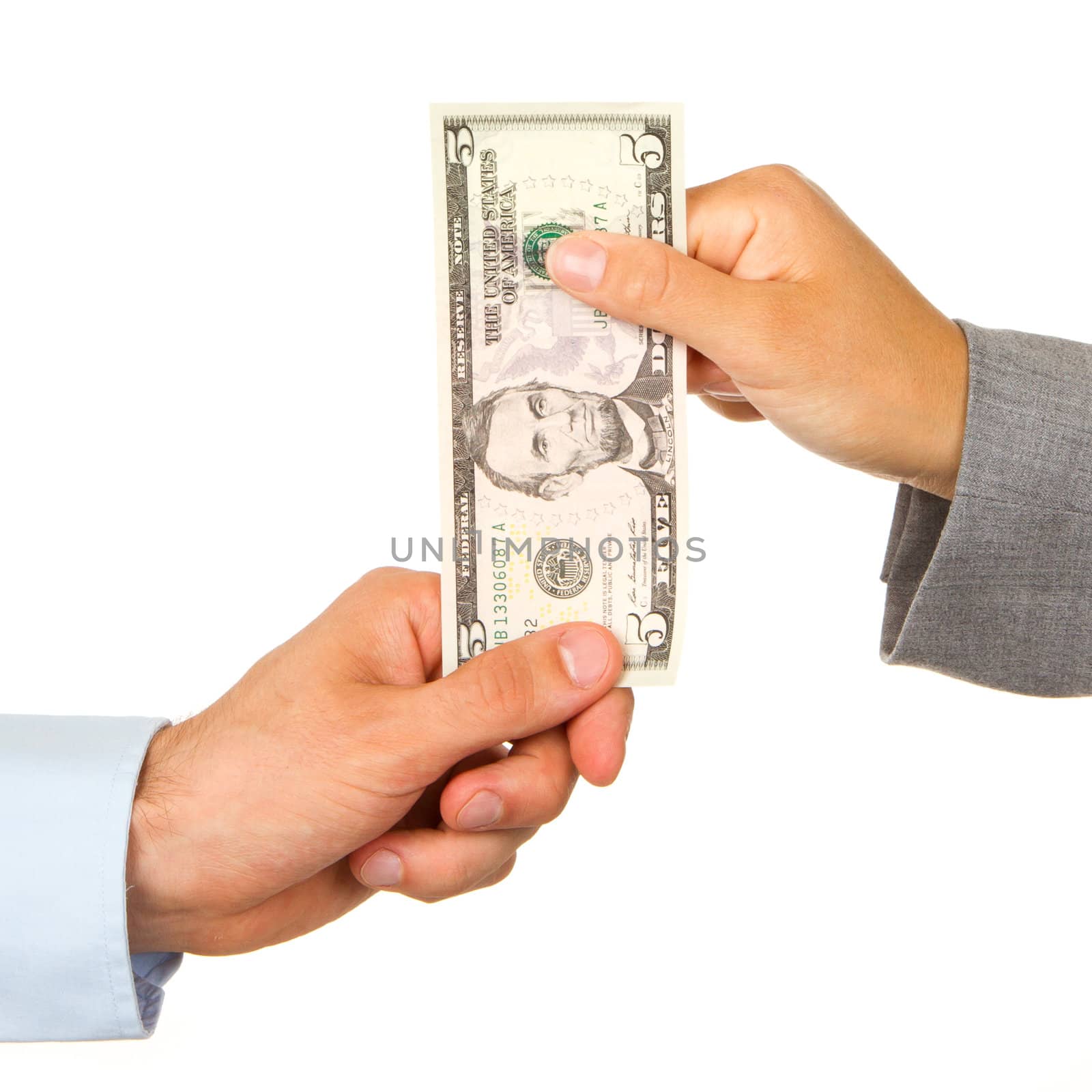 Transfer of money between man and woman, isolated on white