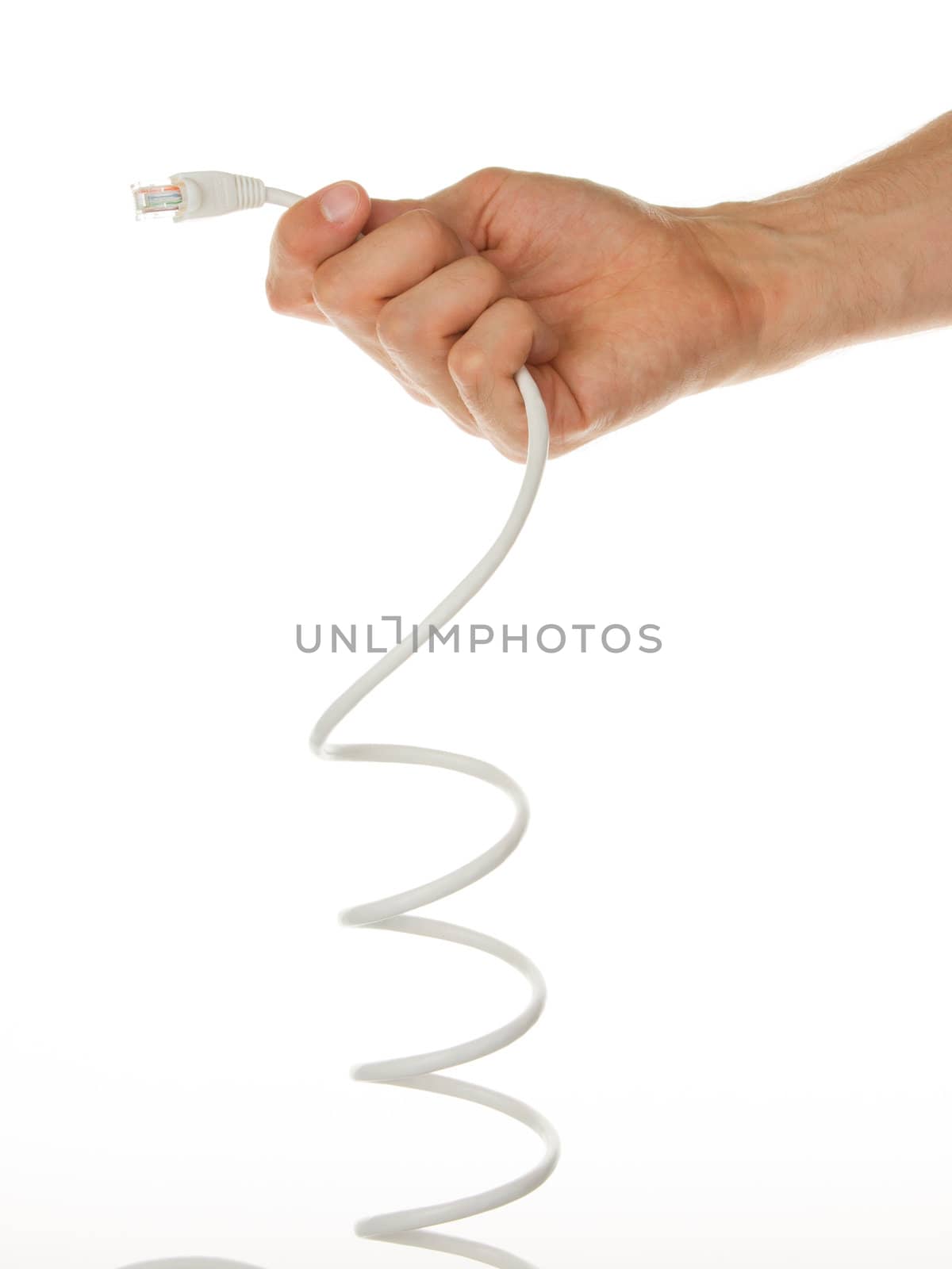 Young man keeping UTP cable, white background