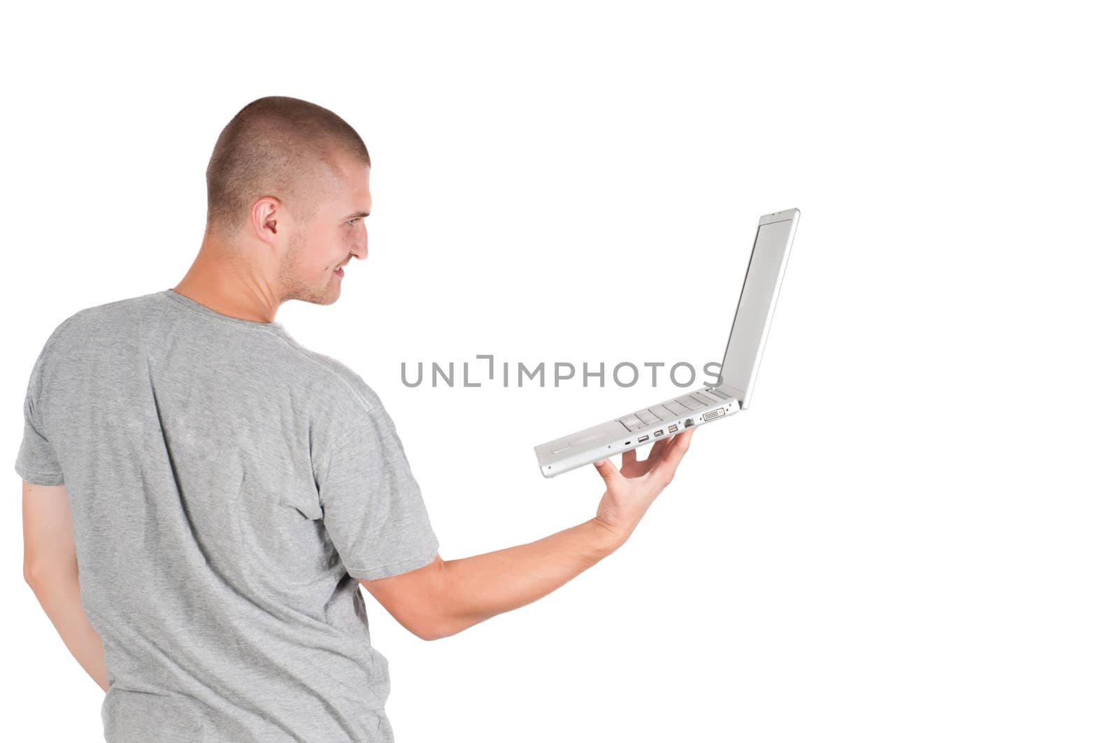 Man with notebook in studio, isolated on white