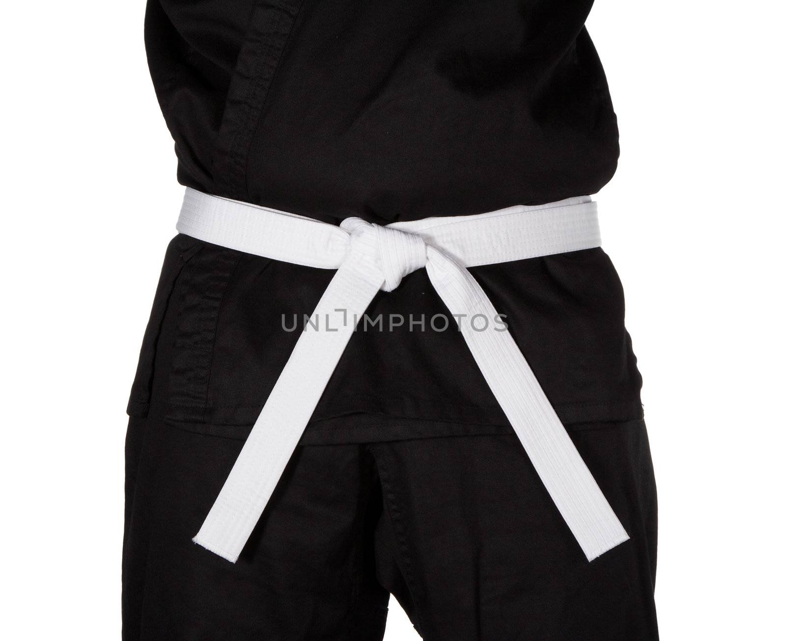 Karate white belt tied around marital artists torso wearing black dojo GI's.