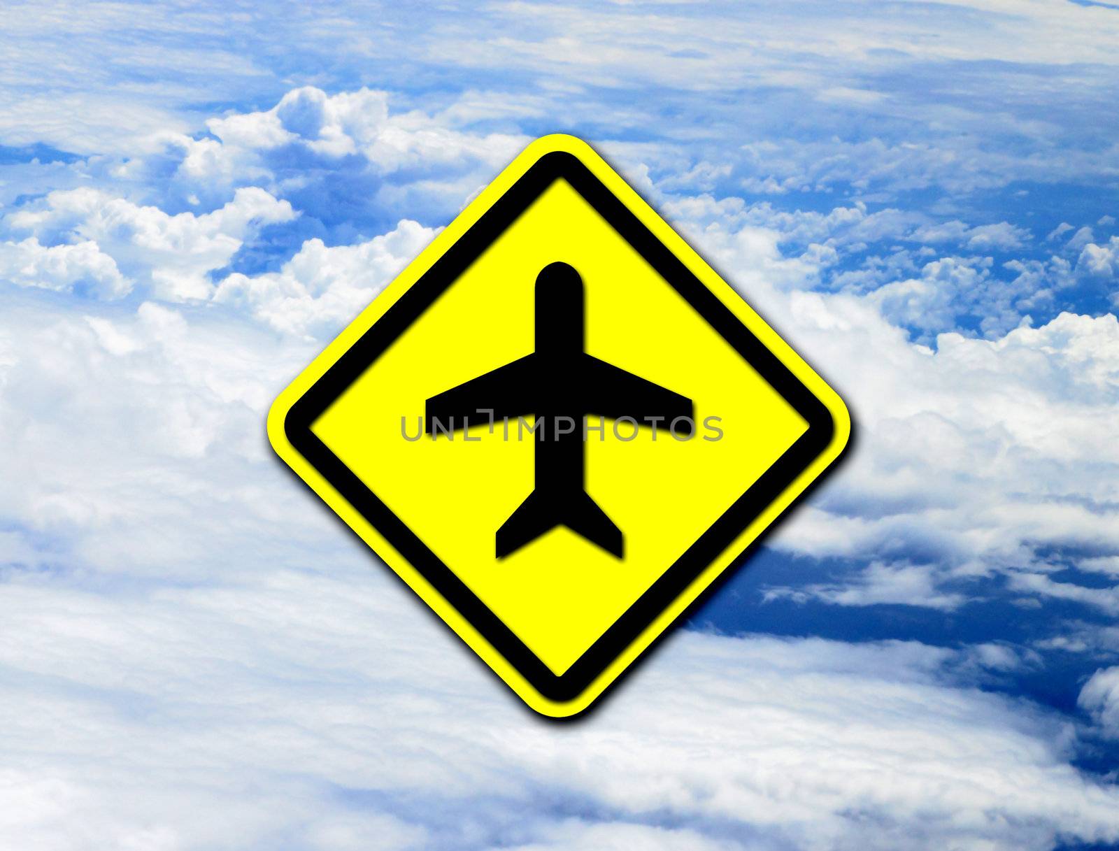 Airplane airport sign on blue sky background