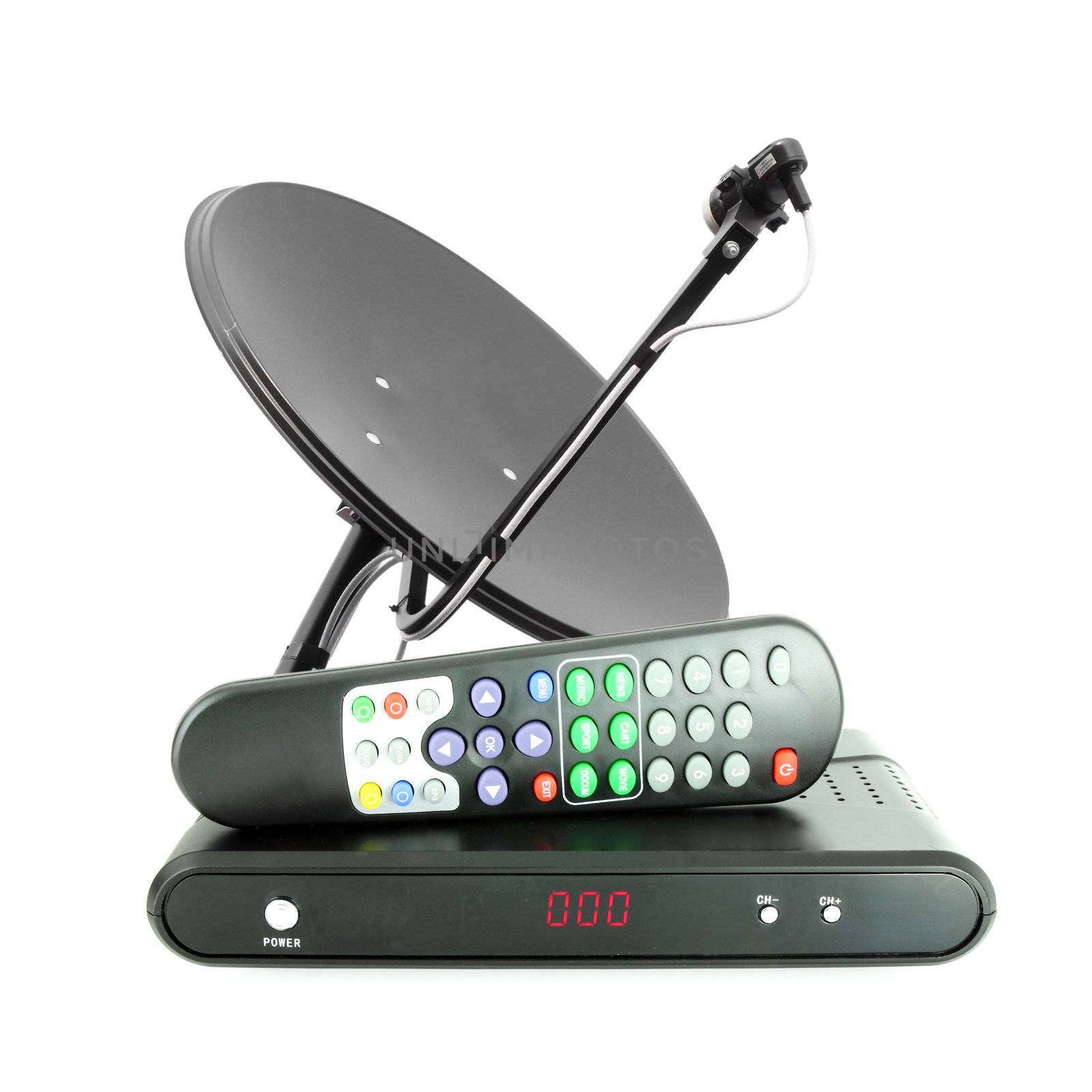 Set of receive box remote and dish antenna on white