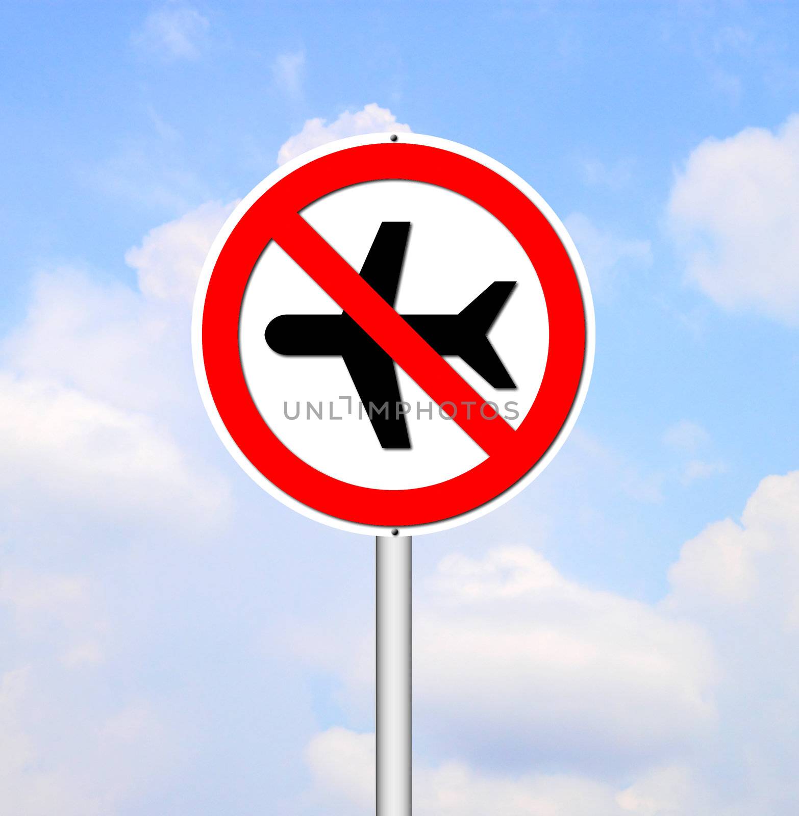'no flying' sign on blue sky background