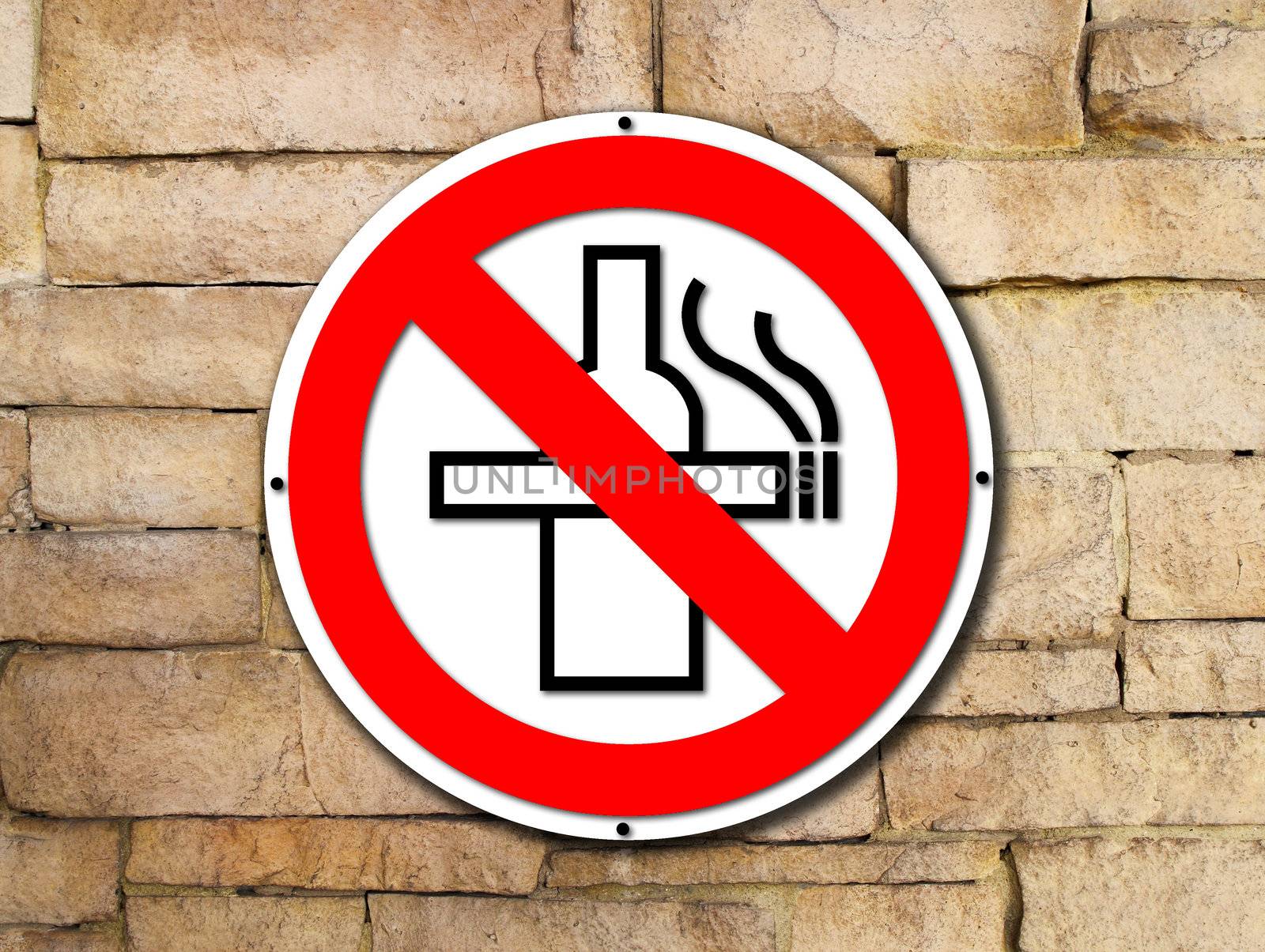 no smoking and no alcohol sign on brick wall background by geargodz