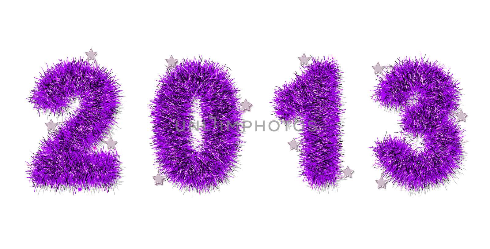 violet tinsel forming 2013 year number on white