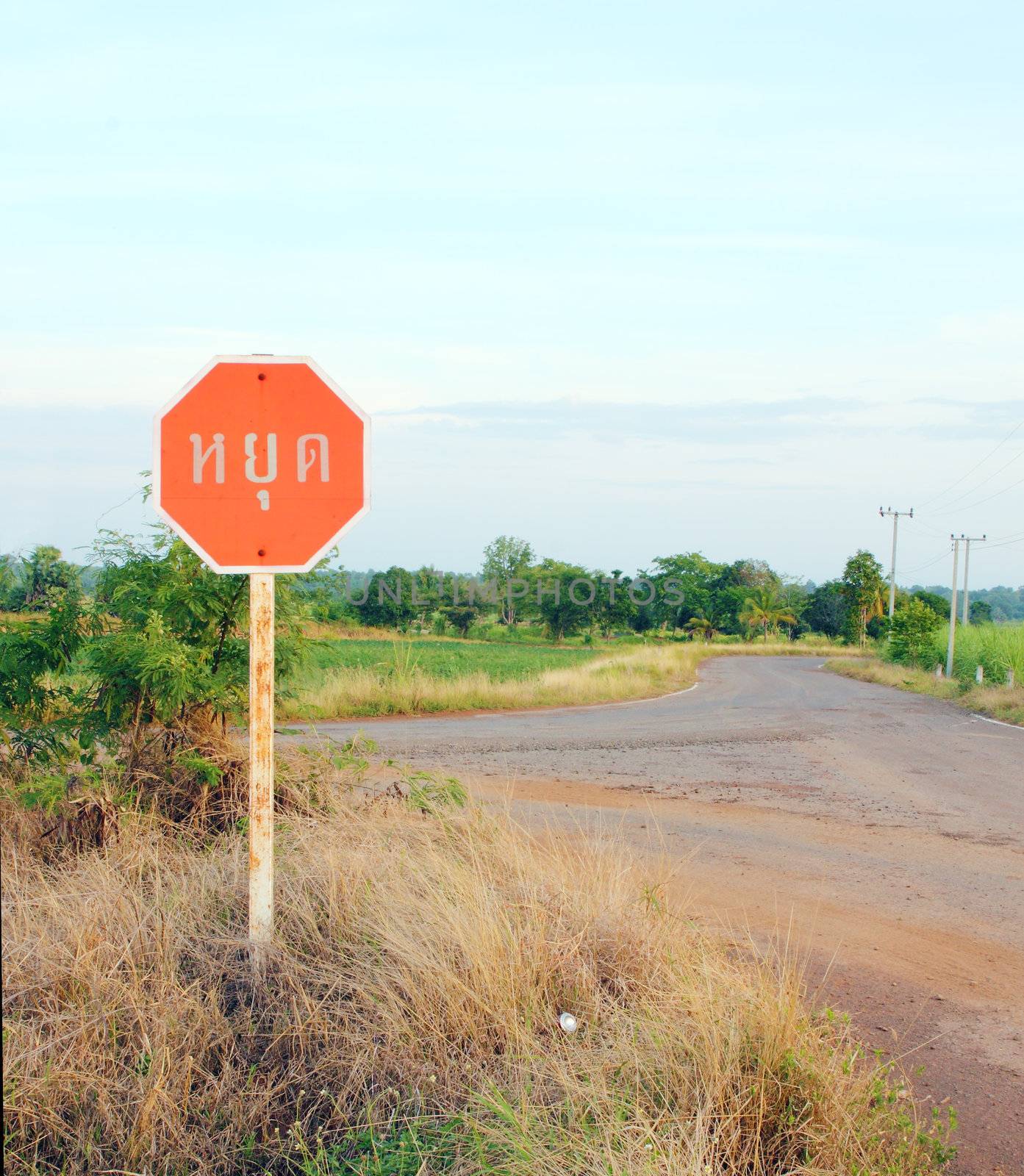stop sign in a country road (Thai language) by geargodz