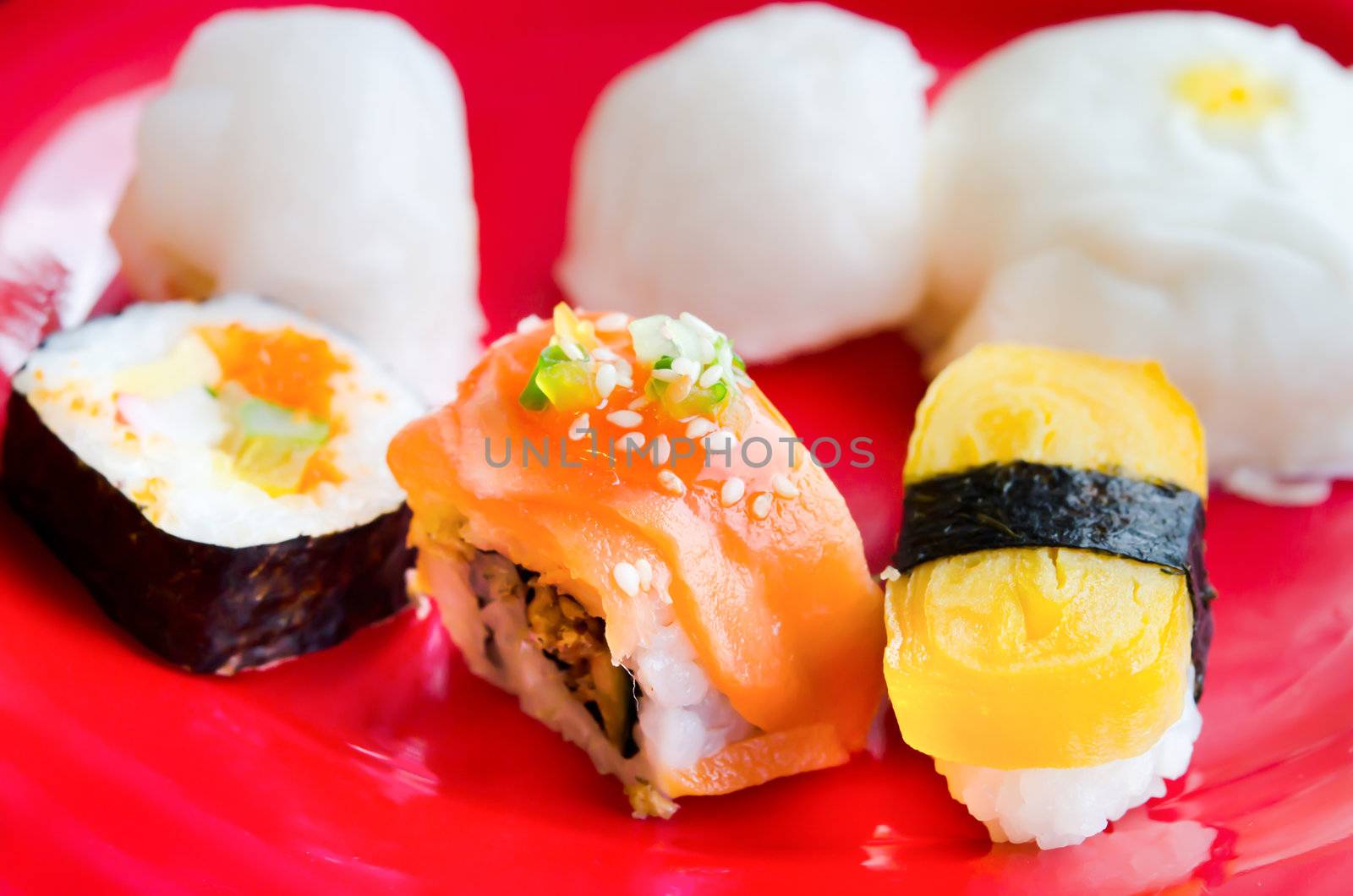 mix sushi and chinese  bun , asian style cuisine 