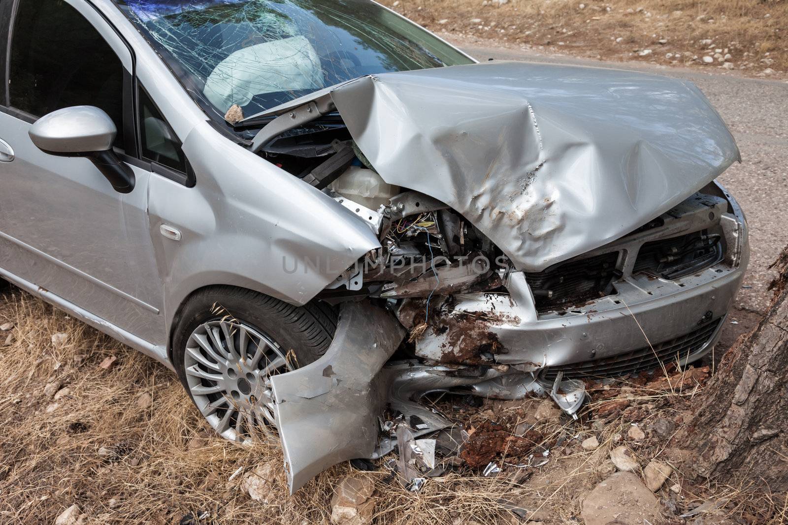 Road accident crash damaged car or wreck broken vehicle