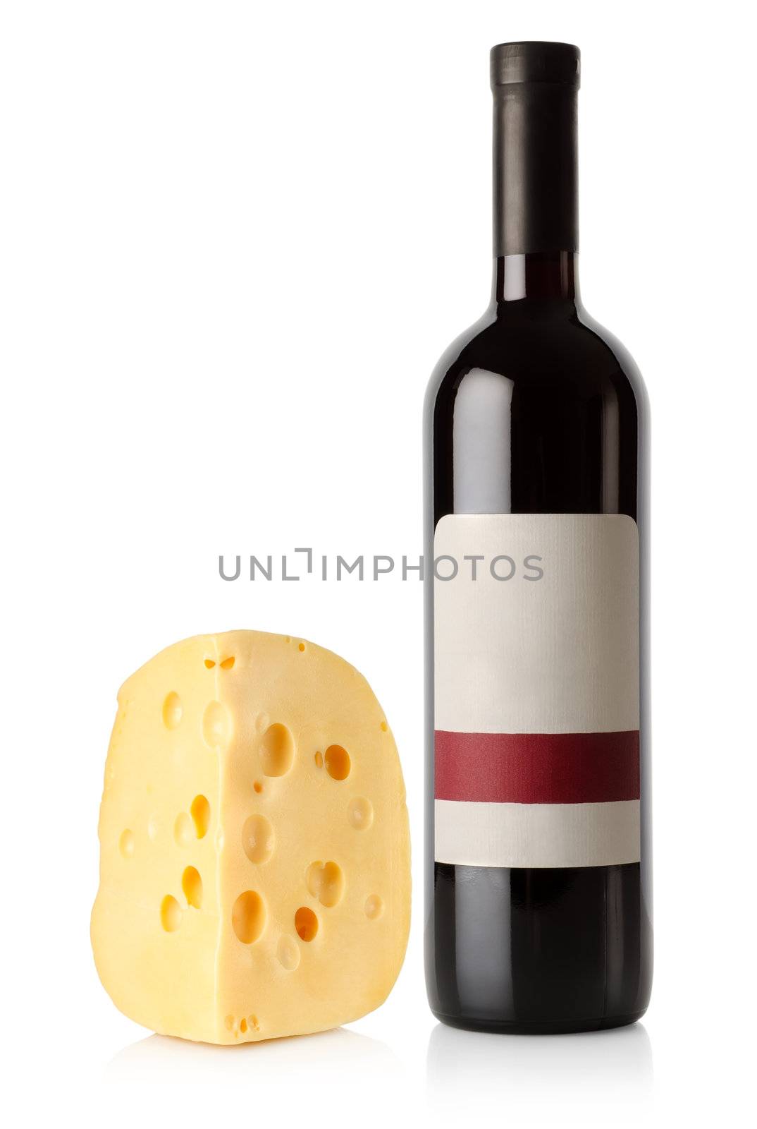 Wine bottle and dutch cheese isolated on a white background