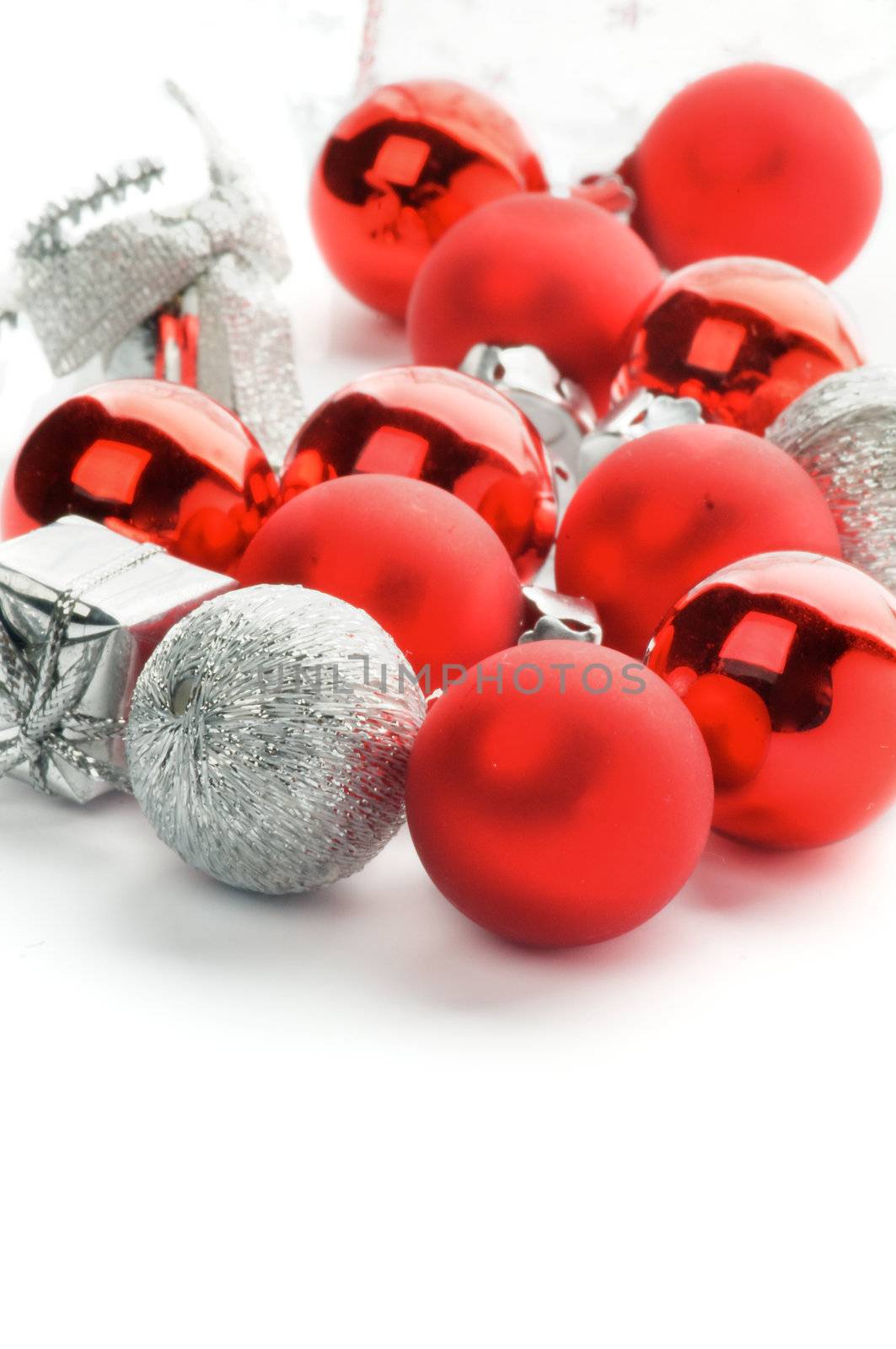 Christmas Red and Silver Baubles and Boxes isolated on white background