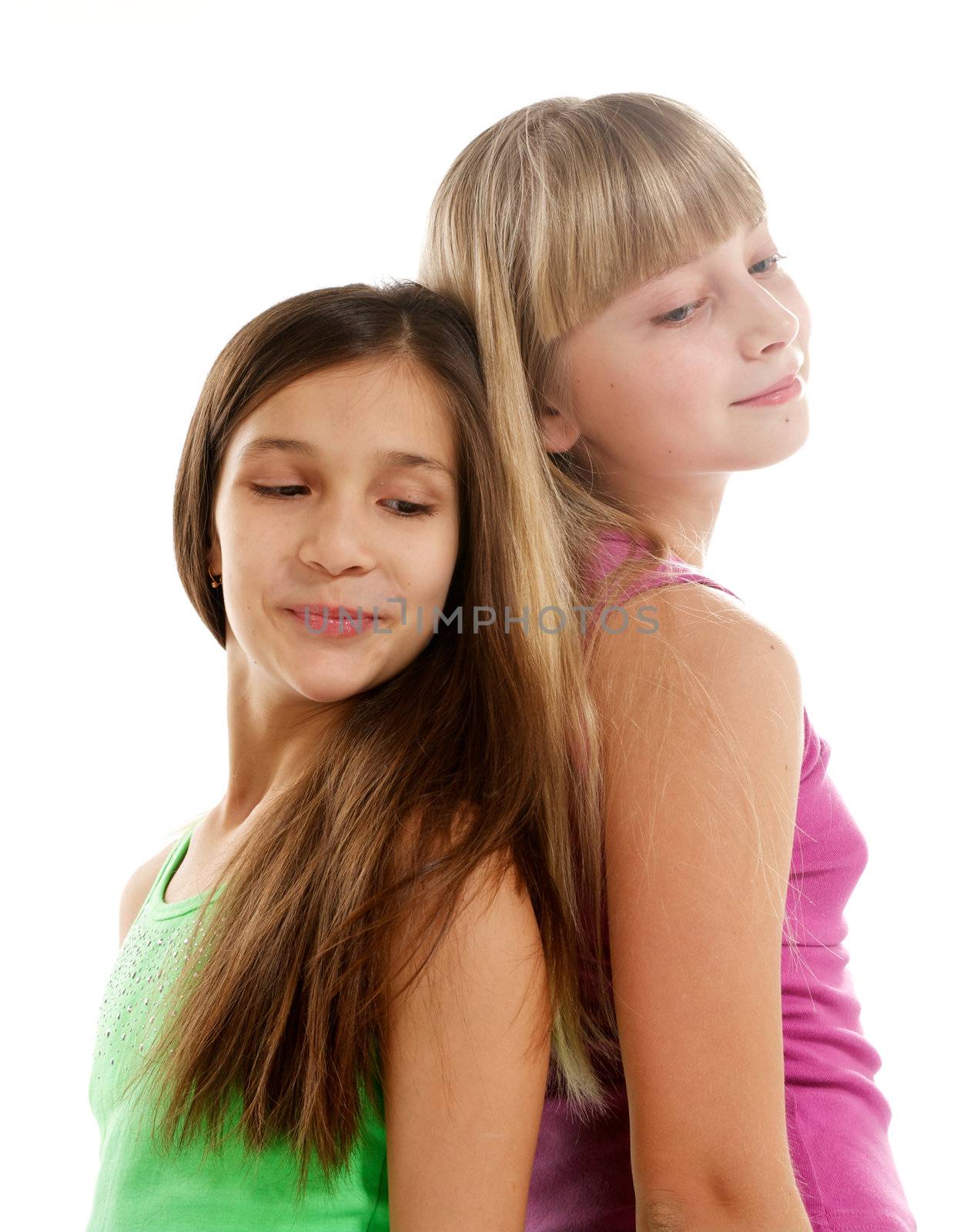 Two Girls Standing Back to Back and Dreaming isolated on white background