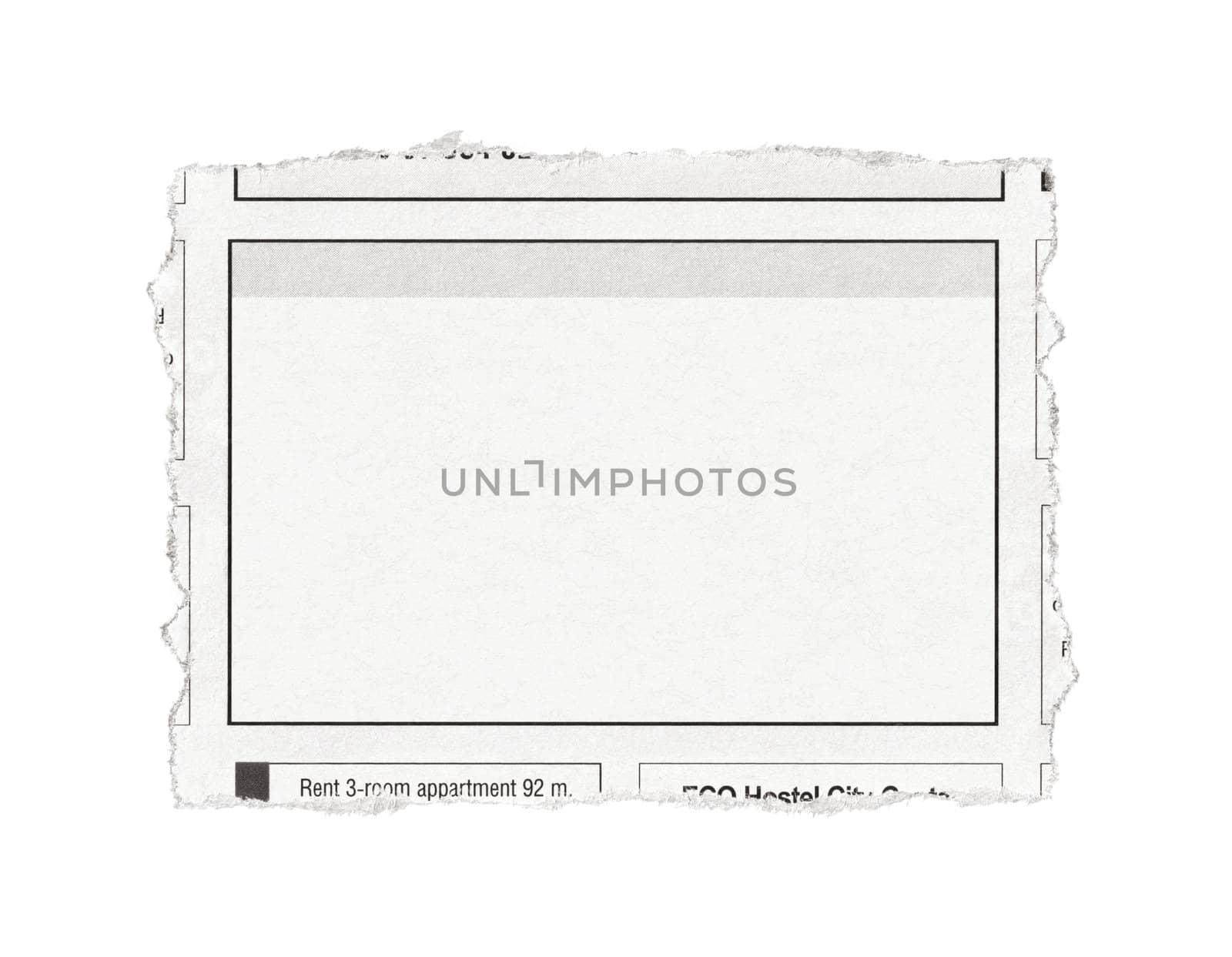 Piece of paper with advertisement space torn out from newspaper. Isolated on white.