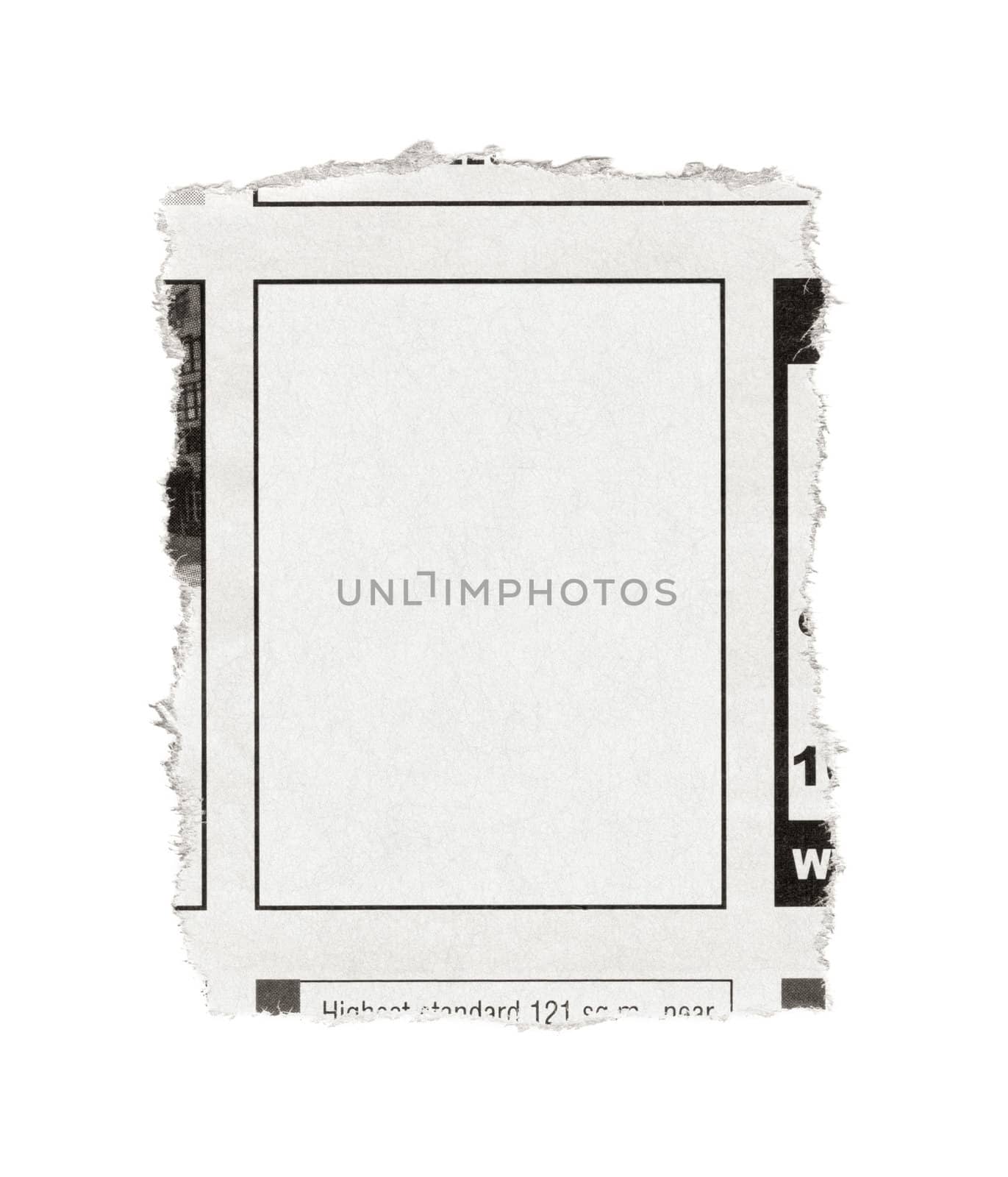 Piece of paper with blank advertisement space torn out from newspaper. Isolated on white.